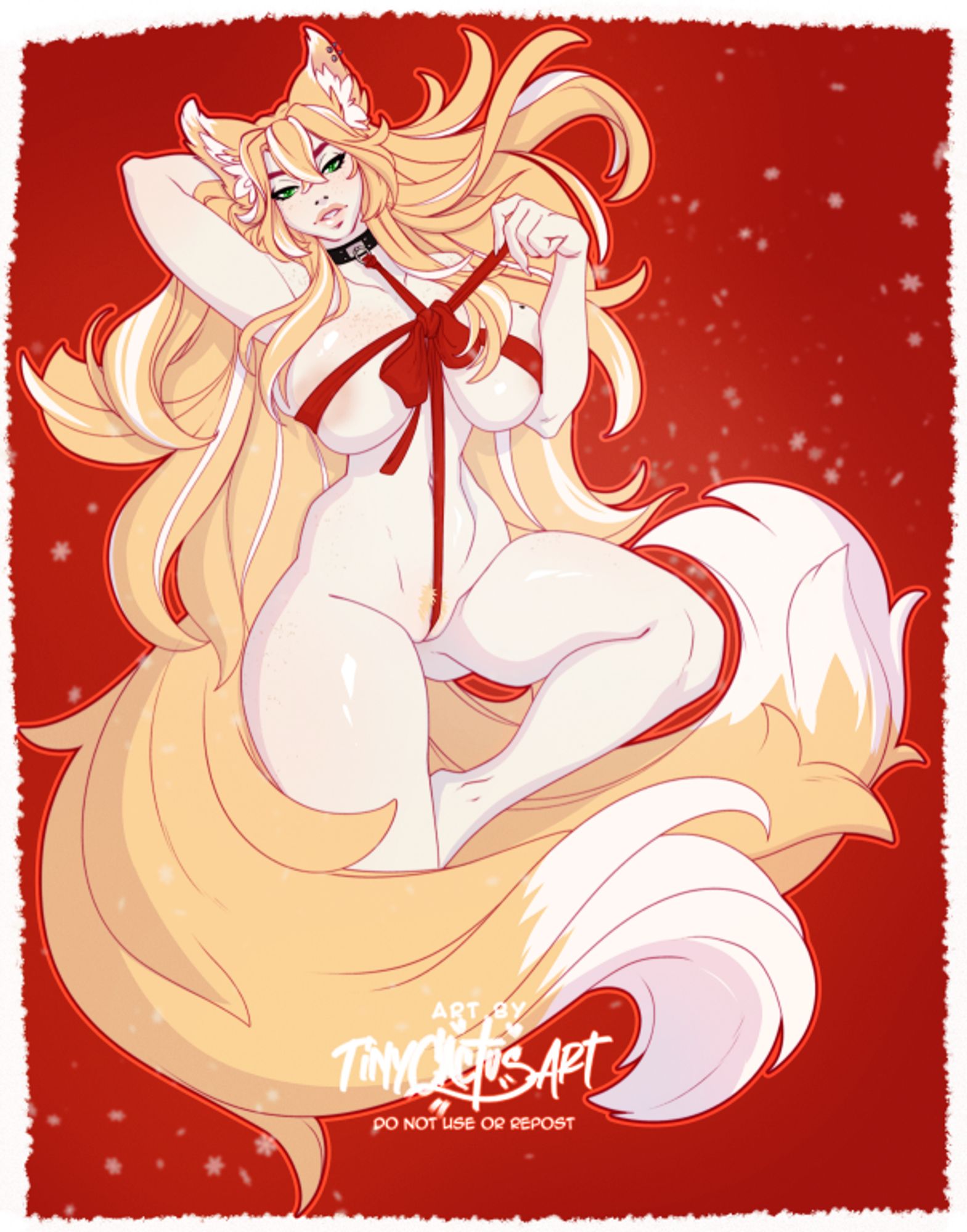 Female Kitsune, barely covered with a ribbon and dressed as a present