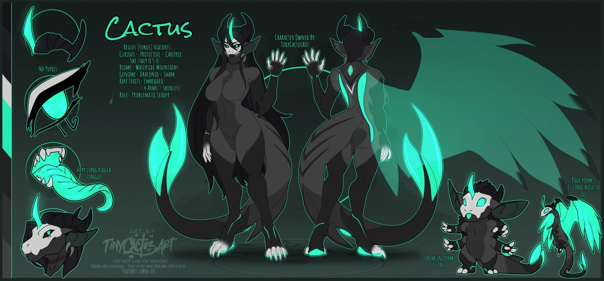 Reference sheet for Cactus, a Regius Viatores in a Fukus (caste) form. 
She is Curious, Protective and Carefree, she/they, 5'0'', Biome of waterside mountains, Draconid/Shark Genome, She has the rare traits of being embedded and has 4 arms (she hides them in humanoid form to fit in) and she is a problematic leader because she likes to disappear an go on adventures.