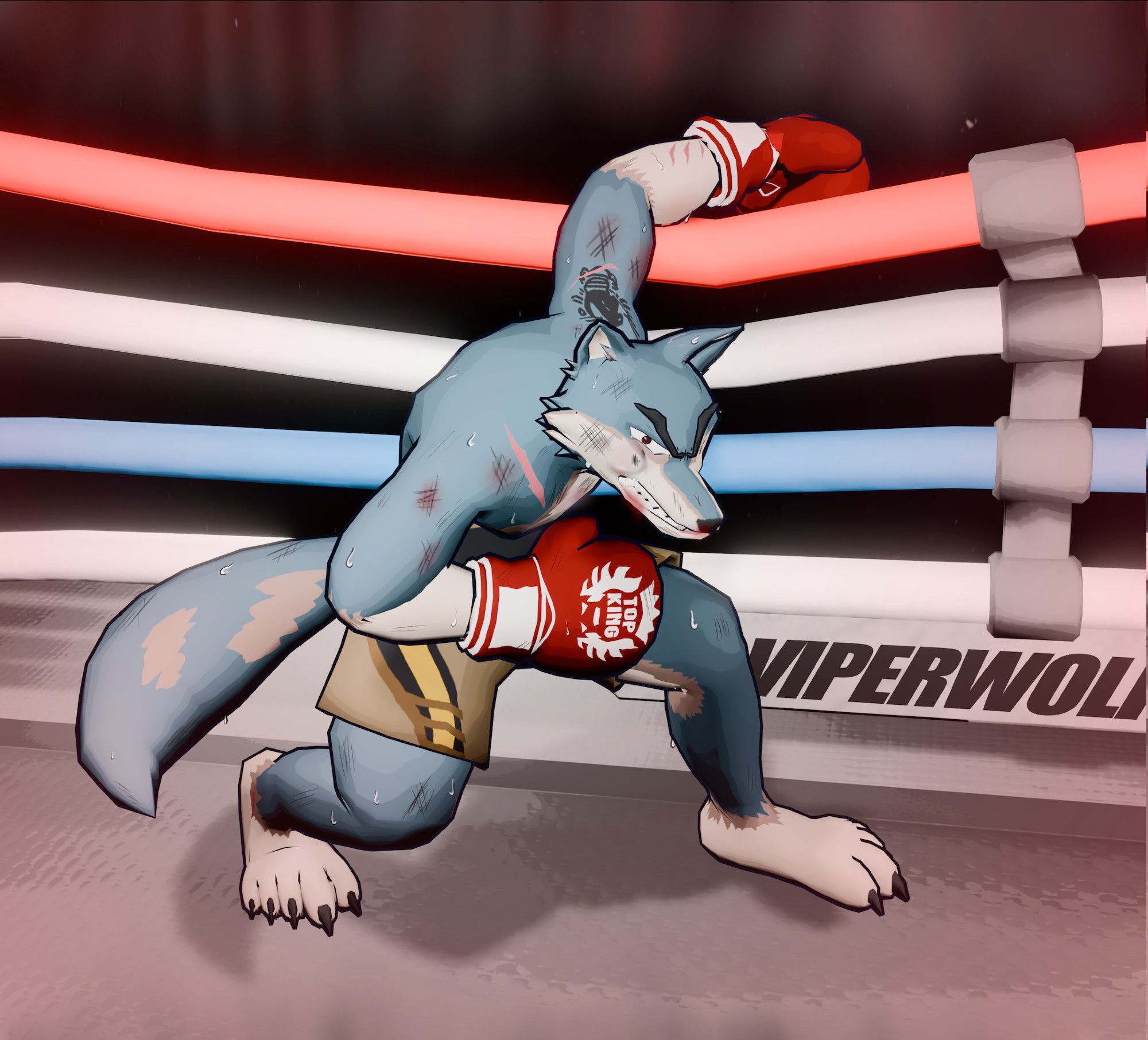 Viperwolf hanging on the ropes of the boxing ring with his left glove and holding his belly with the other glove. He has a grunting/serious expression on his face as he is crouching down in pain. His body, especially upperbody is covered with bruises.