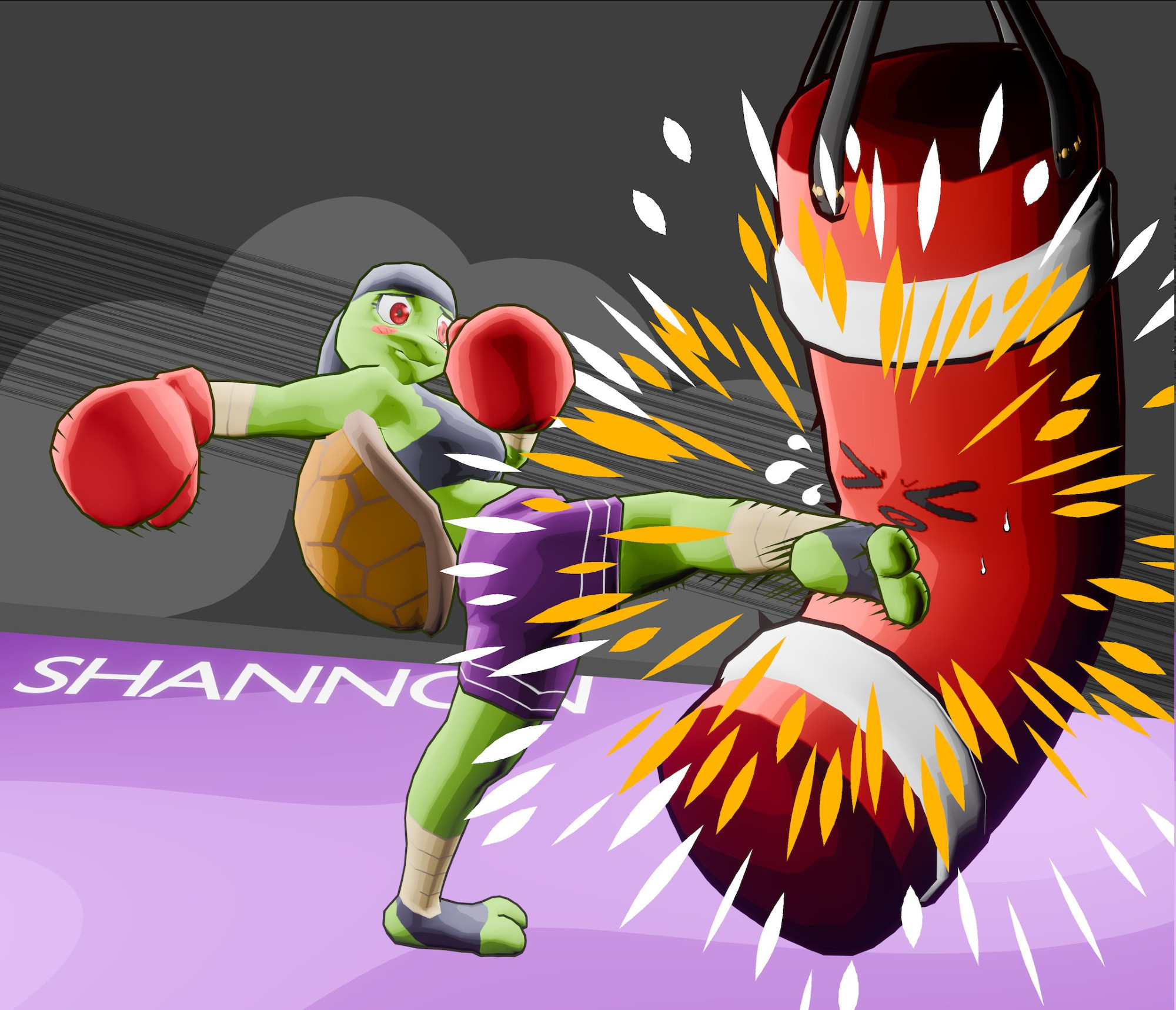 Shannon kicks the punching bag with her right leg fully wounded. The punching bag's expression looks painful.