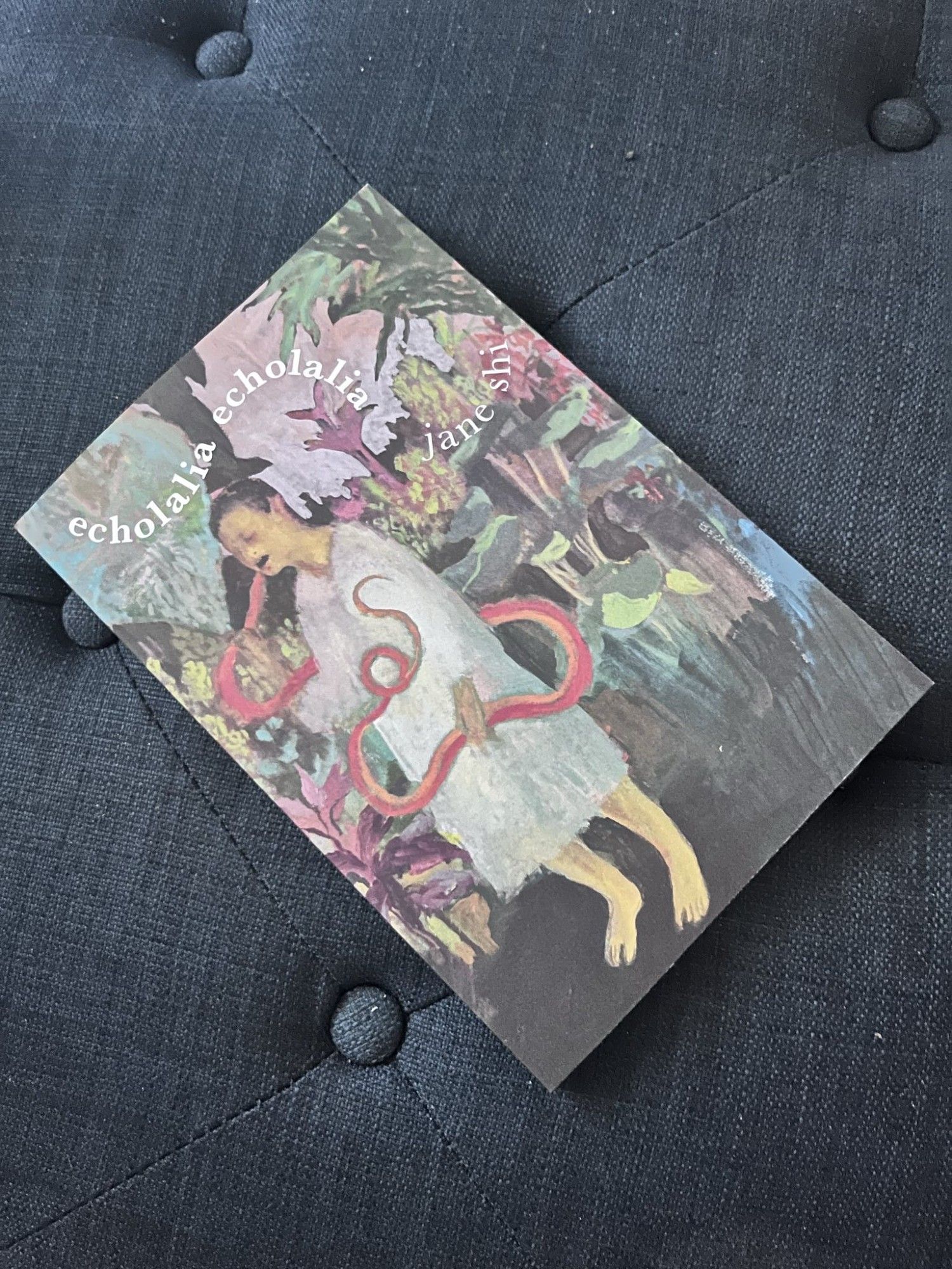 A book on a dark blue ottoman with the cover as an expressionist-realist painting of a person with buzzed hair and yellow skin, wearing a grey-white smock, fighting/eating a bright orange snake in a lush dark green, maroon, orange growth/jungle; the forest floor is a dark green and the sky is a pale pink-lavender. the person's mouth is open and they are barefoot. above the person in a snaky S wiggle are the words "echolalia echolalia" in bolded white serif font and the words "jane shi" in regular white serif font.