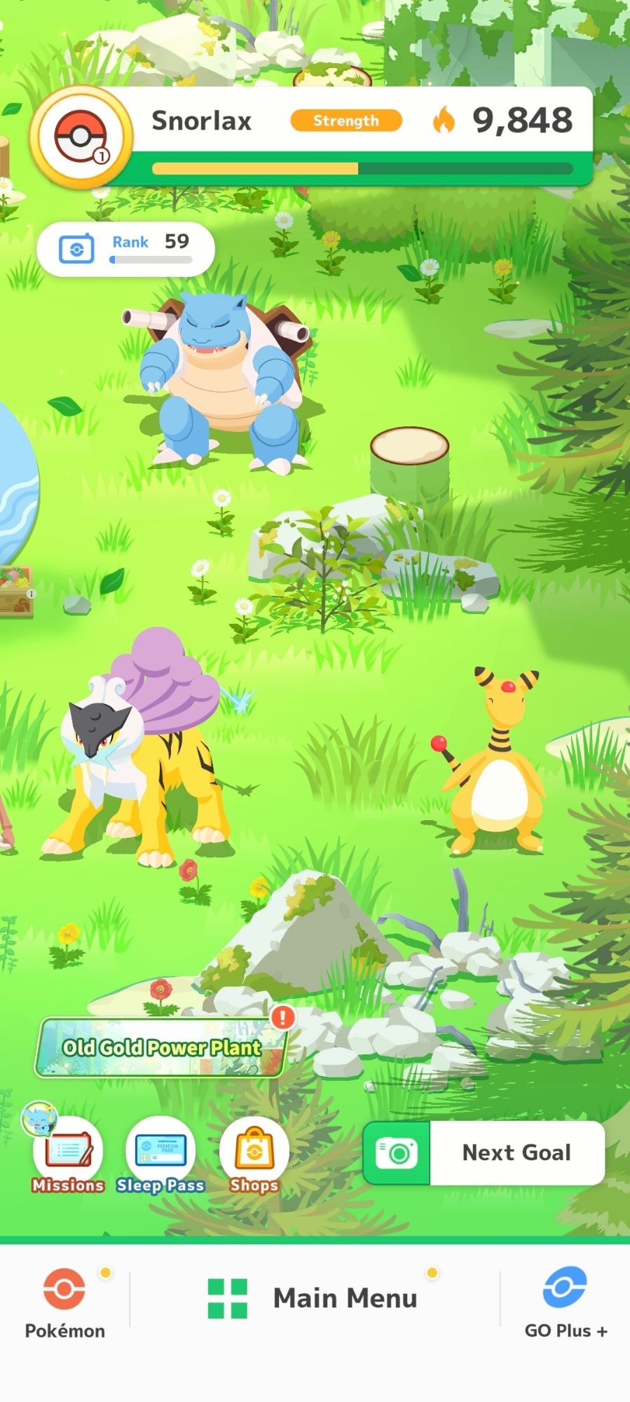 Pokemon Raikou, Ampharos, and Blastoise in the new map in Pokemon Sleep.