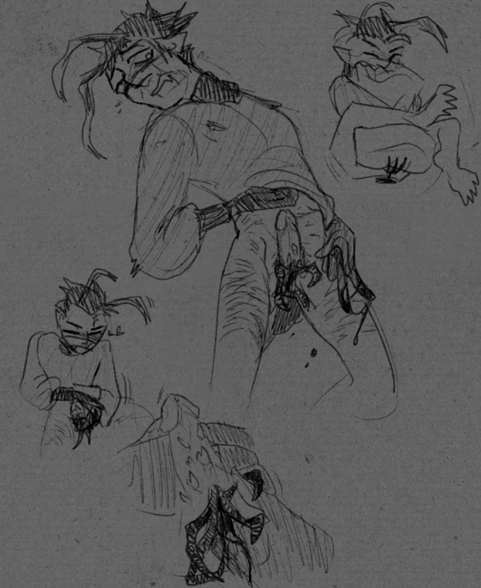 Uncolored sketch page of Nny from JTHM, a postcanon AU where he is now an eldritch monster. He is wearing an oversized sweater and nothing else. His exposed thighs are covered in self-inflicted scars and the shaft pf his genitals is barbed with teeth. A gaping maw with spikes is present here his testicles should be, dripping excitedly with blood. He is fingering himself, expression lustful but uneasy with the blood smearing his gloves. In one pf the smaller imaged he is also desperately humping a pillow.