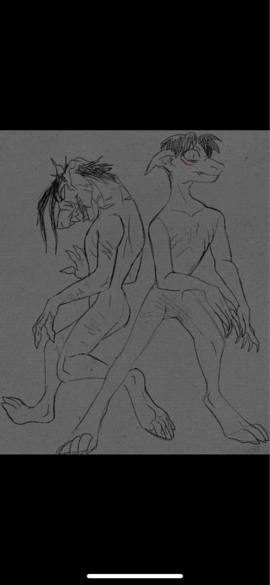 Edgar Vargas and Johnny C from the 90s comic JTHM as ghouls (a canine-like undead species). They are standing bipedal and not wearing clothes (their genitals are not visible). Johnny has a wide, toothy grin and is covered in scars. Edgar is looking off to the side, standing erect and focusing on something off to the side.