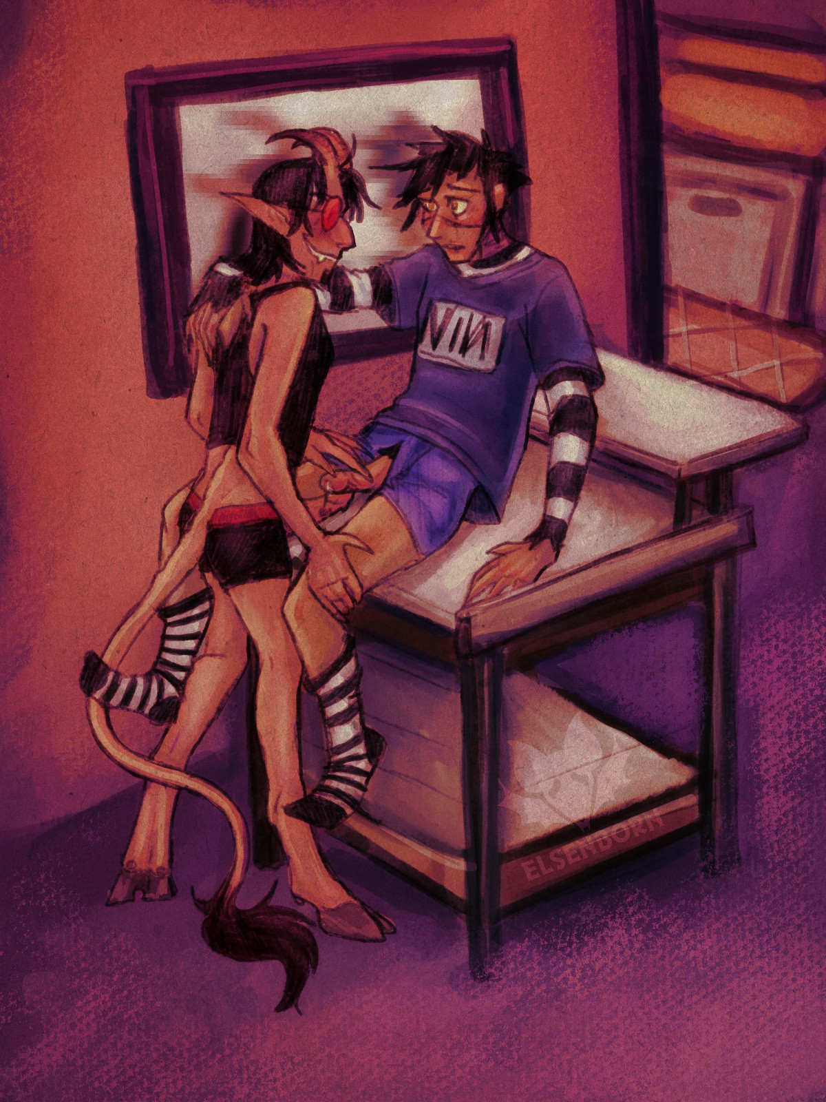 A digital illustration of Johnny C. and Edgar Vargas from the comic Johnny the Homicidal Maniac. In this AU Edgar is the antichrist and Johnny is a musician.

Nny is sitting on a small table wearing black and white striped socks, blue boxer-briefs, and a black and white striped sweater with a dark blue NIN shirt over it.  He his leaning back with one hand on Edgar’s shoulder, looking at him with a submissive, nervous yet trusting expression. He has a long scar a ross the bridge of his nose. 

Edgar is standing in front of him with a big grin; his eyes obscured with reflective red glasses. He is wearing a black tank top and black boxer-briefs with a red waistband. His skin is slightly reddish. He had furless goat legs and a long furless tail with a tuff of dark brown hair on the end. He also has long hears and dark, hooked horns. 

Edgar is leaning over Nny and rubbling their exposed genitals together. Edgar appears to have more demonic genitals, while Nny appears normal. 

They are in a room with an adjacent kitchen. Next to them on the wall is a mirror reflecting them from the side. 