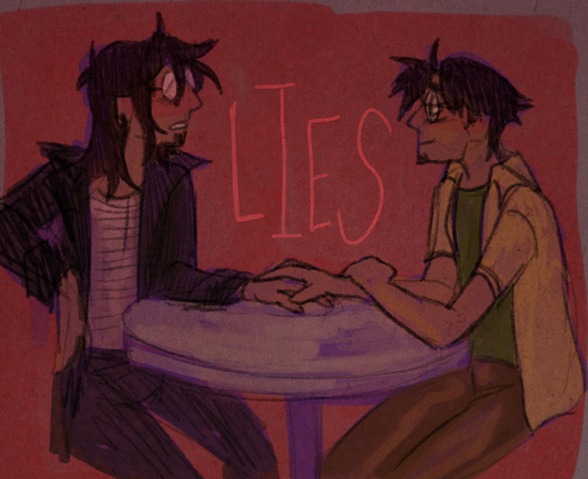 Edgar and Scriabin Vargas from Vargas (a JTHM fanfic). They are sitting at a round table. Edgar is holding Scriabin’s hand across the table and looking into his eyes lovingly. Scriabin appears surprised and a little flustered. 
The work “LIES” is hanging between them. Based on the sidefic How To Ruin Parent Teacher Night