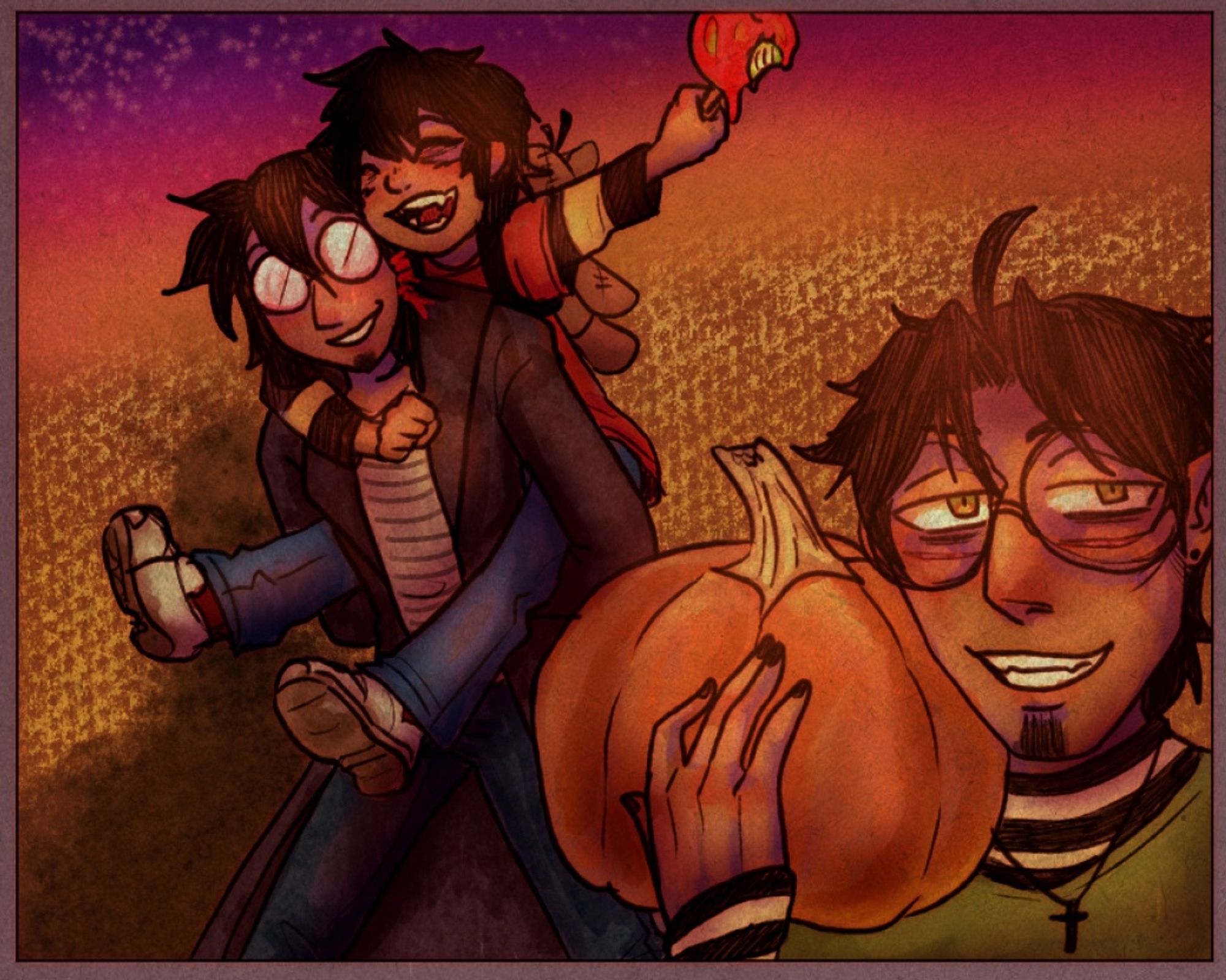 A colored digital piece of Edgar Vargas and Todd Casil from the comic JTHM, as well as Scriabin Vargas from the fanfic Vargas. They are at a corn maze and pumpkin patch. Edgar is holding a pumpkin. Behind him is Scriabin holding Todd on his back, and Todd is laughing and holding a candied apple. It appears to be sunset and the stars are out.