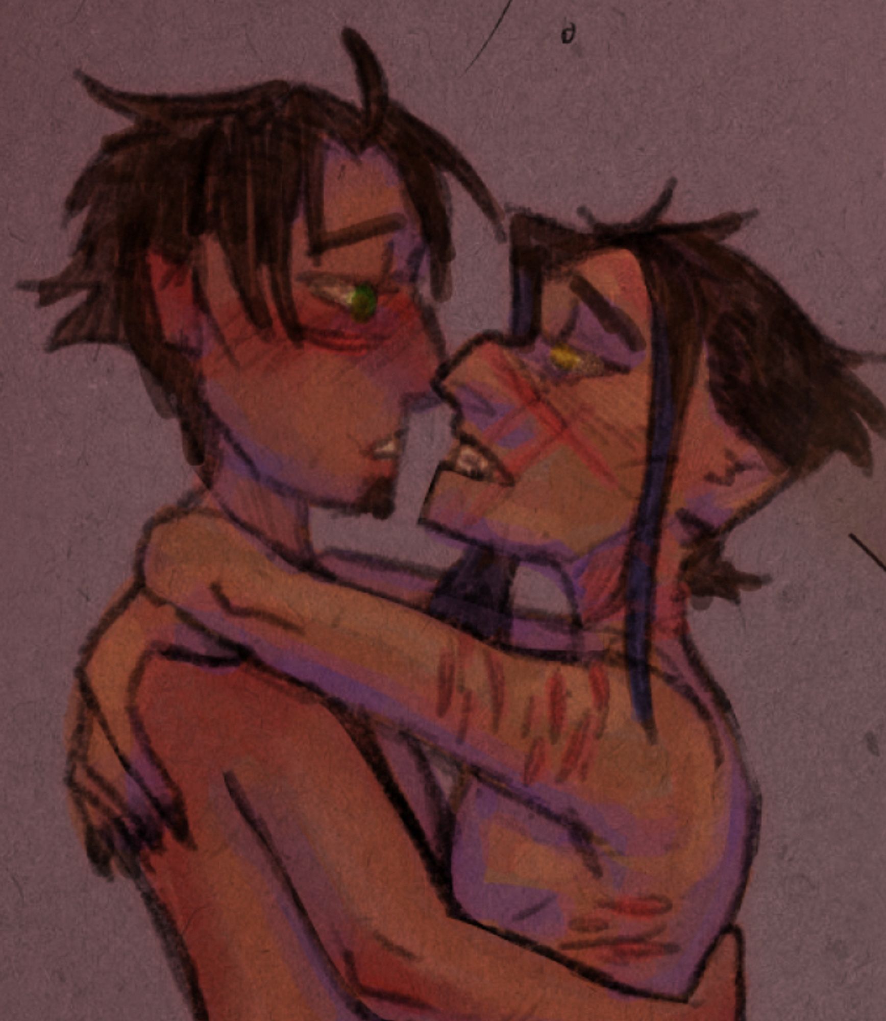 A colored bust of Edgar and Johnny from the JTHM fanfic Vargas. They are holding each other intimately, about to kiss.