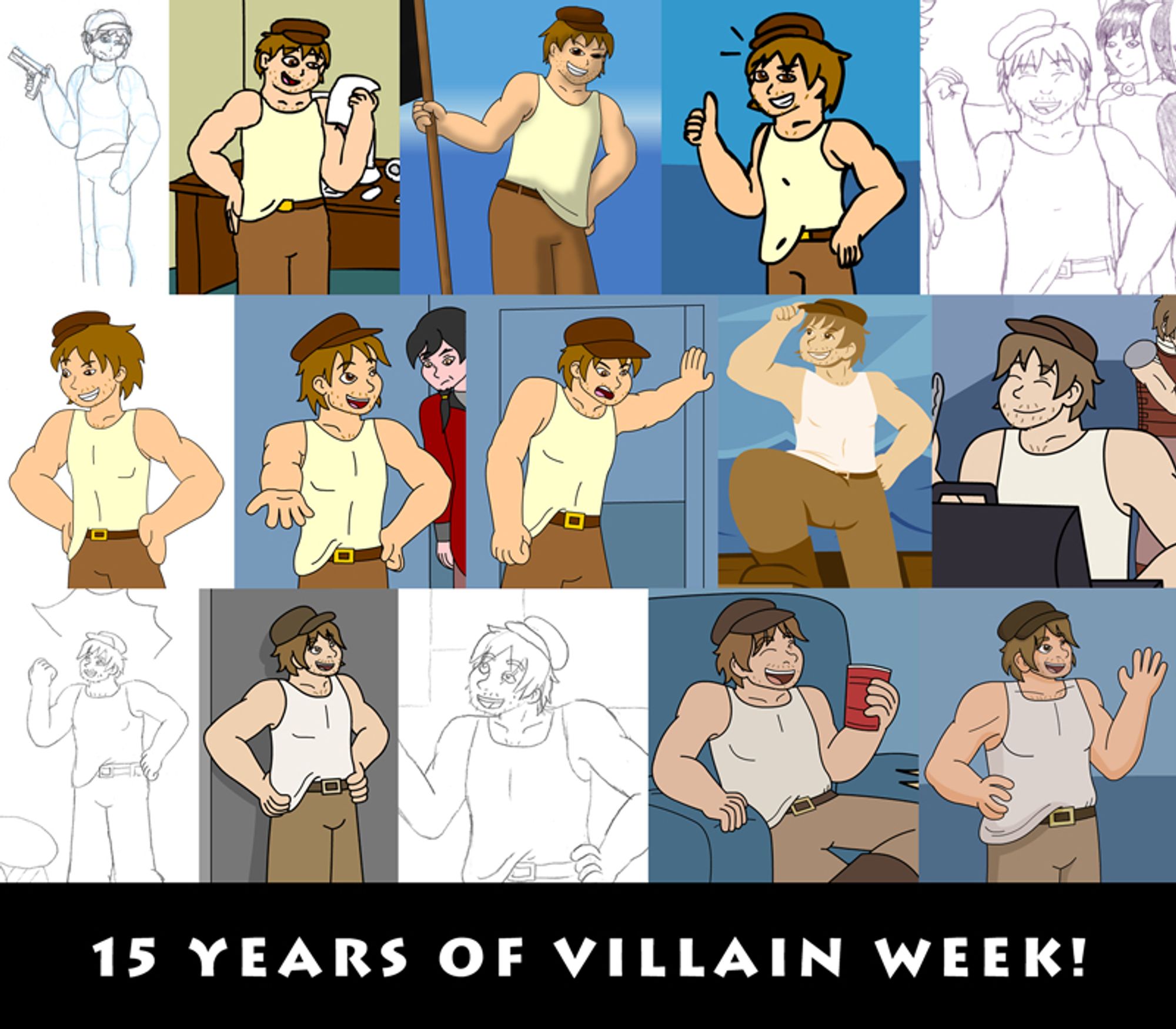 A collection of drawings of the character Cap'n Merrit from the past 15 years, with the text "15 years of Villain Week!"