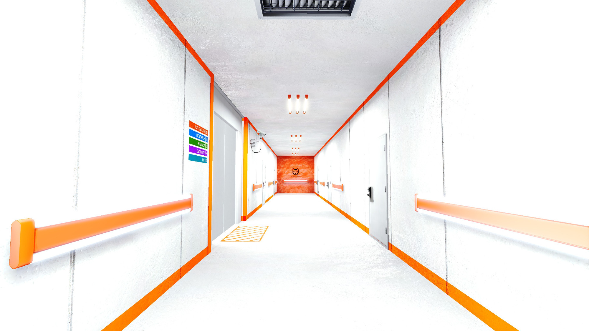 long white corridor with an orange wall at the end. the walls on the sides have an orange accent running along the top and the bottom