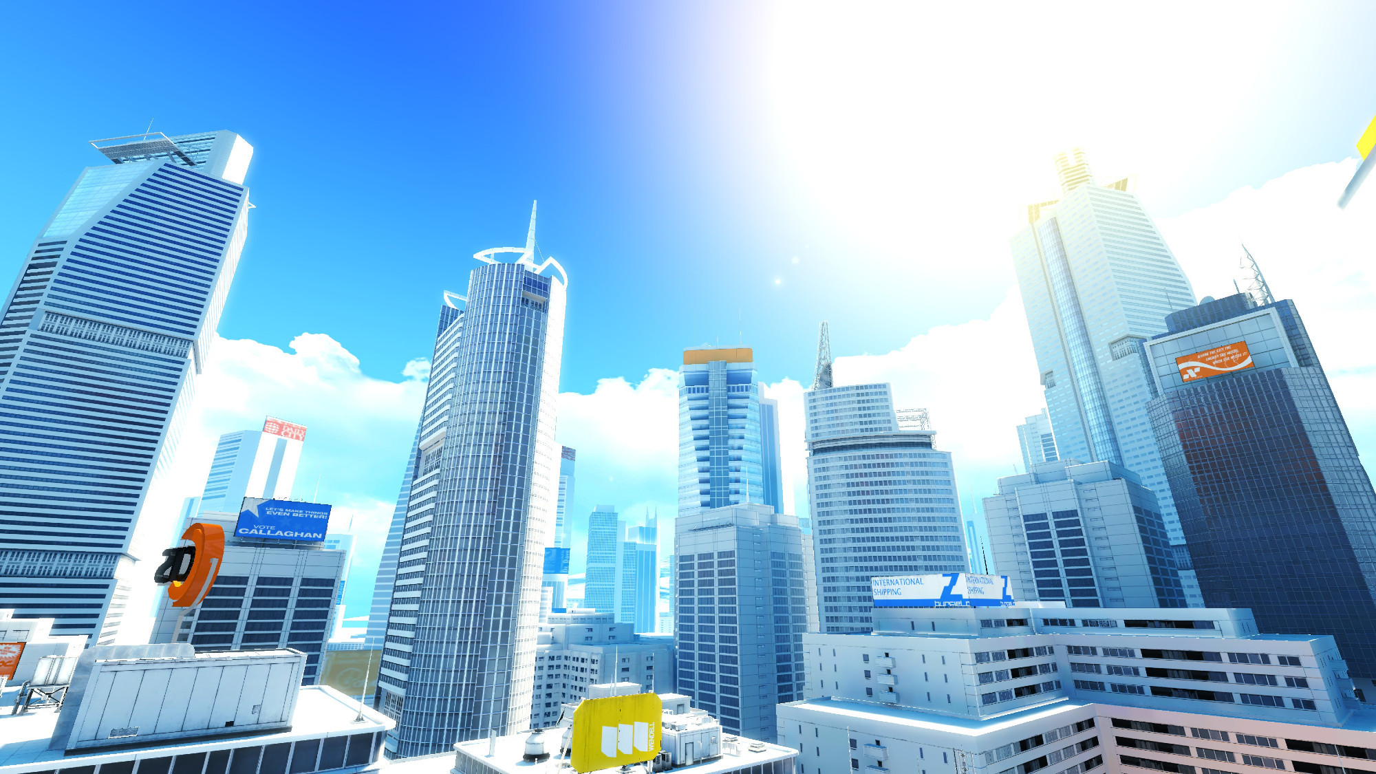 skyline of a city with skyscrapers. the sky is incredibly blue, the sun is bright, and the skyscrapers have a singular billboard each with a different colour (orange/blue/yellow)