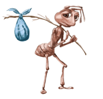 sad ass ant carrying a tied bag on a stick