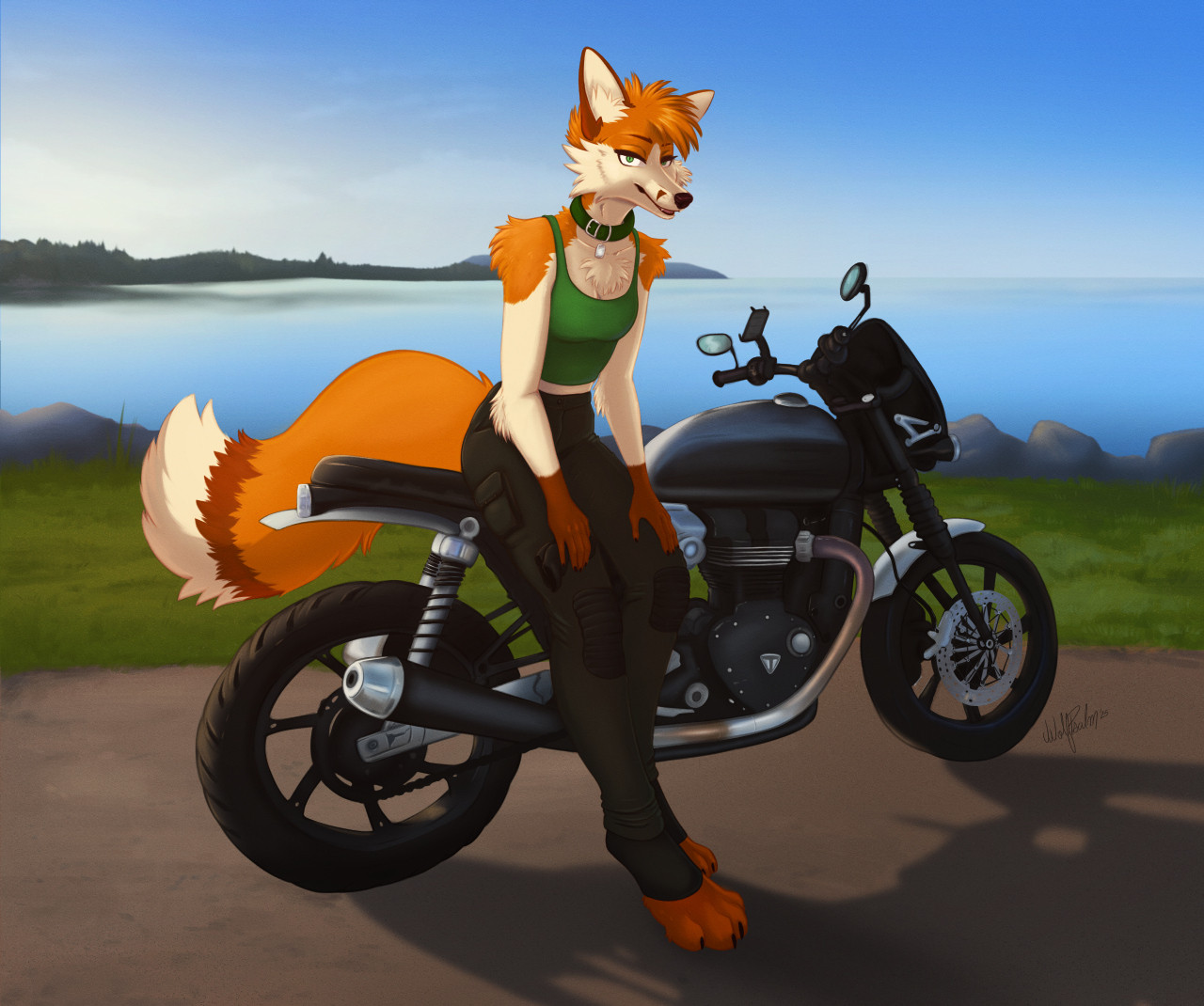 On a lakeside background, a fox in a green tank and black riding pants lean against their bike