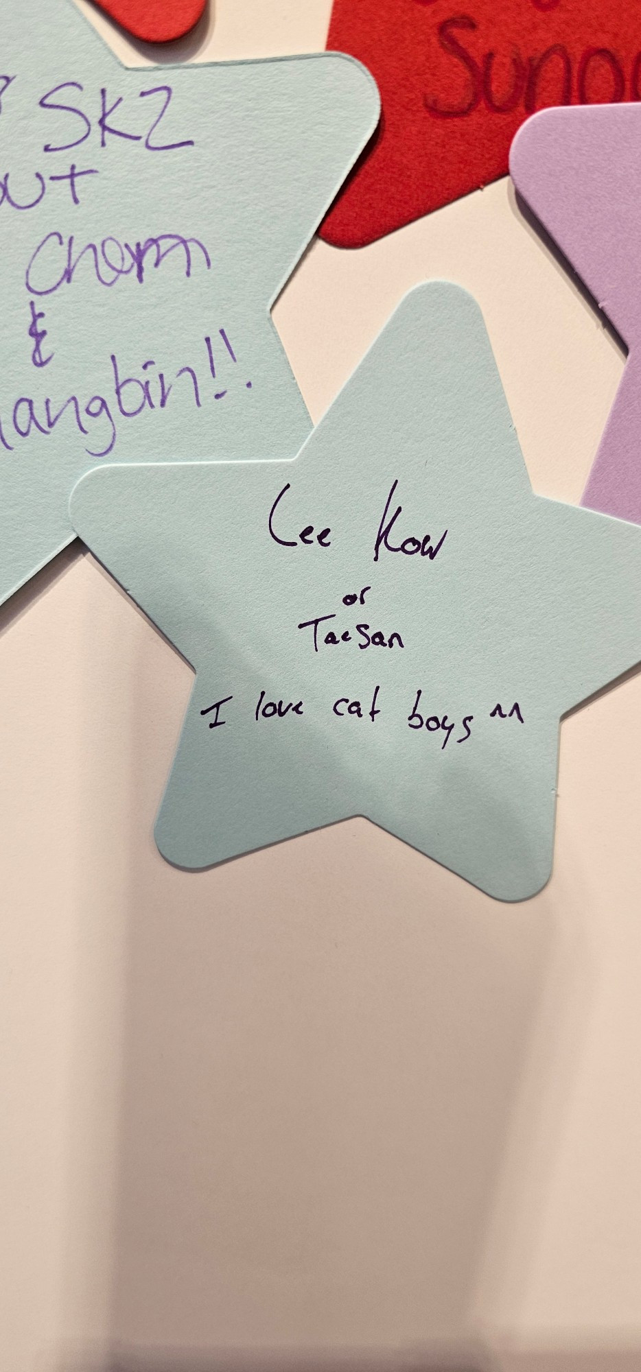 A note card taped to a wall that says "Lee Kow or Taesan. I love cat boys" 