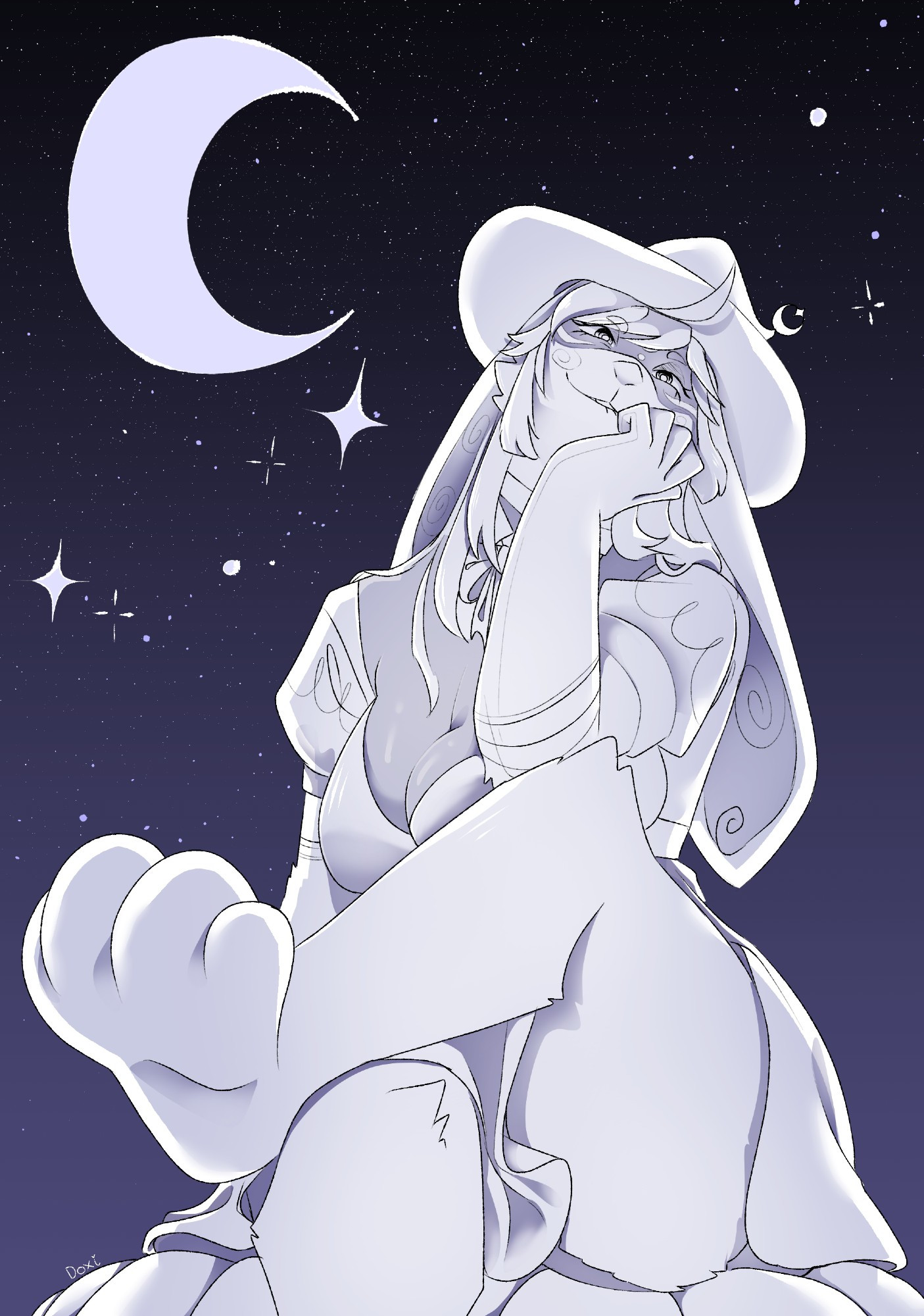 This is a sketch by Doxiverse of Lunalai Moonglow with the moon and stars behind her. She is wearing her witch outfit.