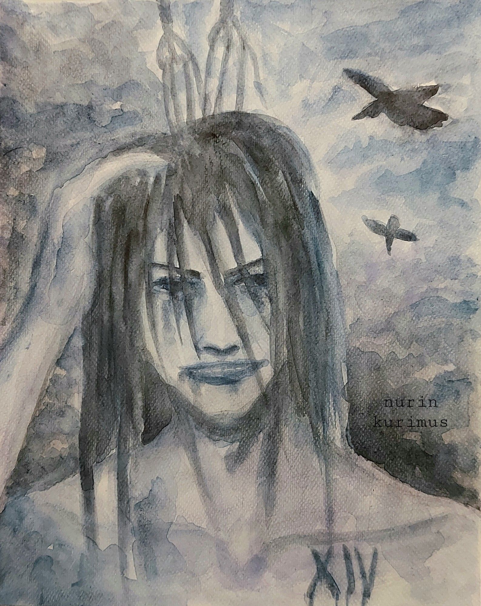 Watercolor painting of my character Corey smiling creepily. There are crows flying in the background, and one of them has grabbed him by his hair.