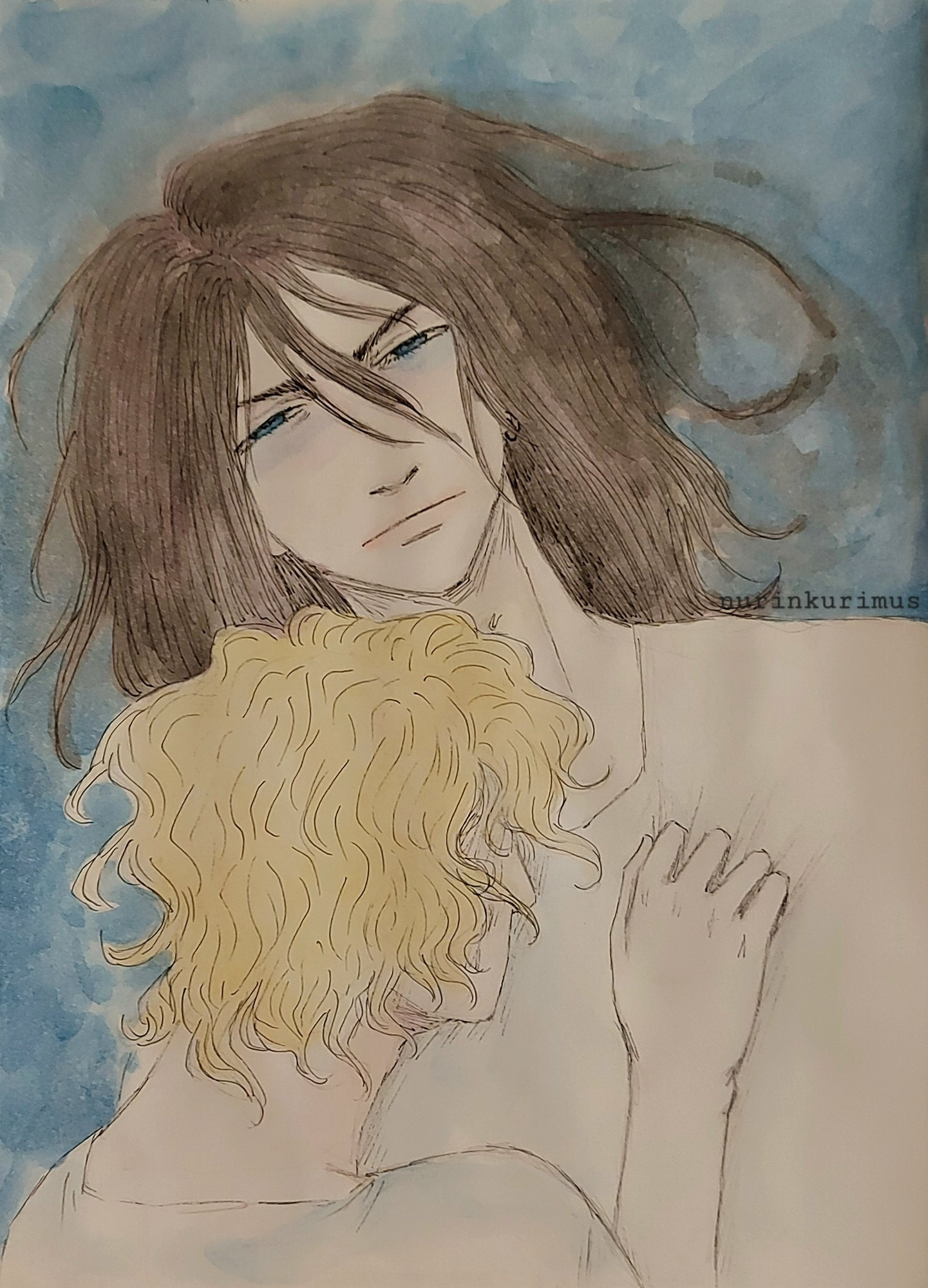 Watercolor painting of my characters Corey and Eliot. Corey is lying on the ground, staring ahead with a blank expression. Eliot is resting on his chest, grabbing his shirt.