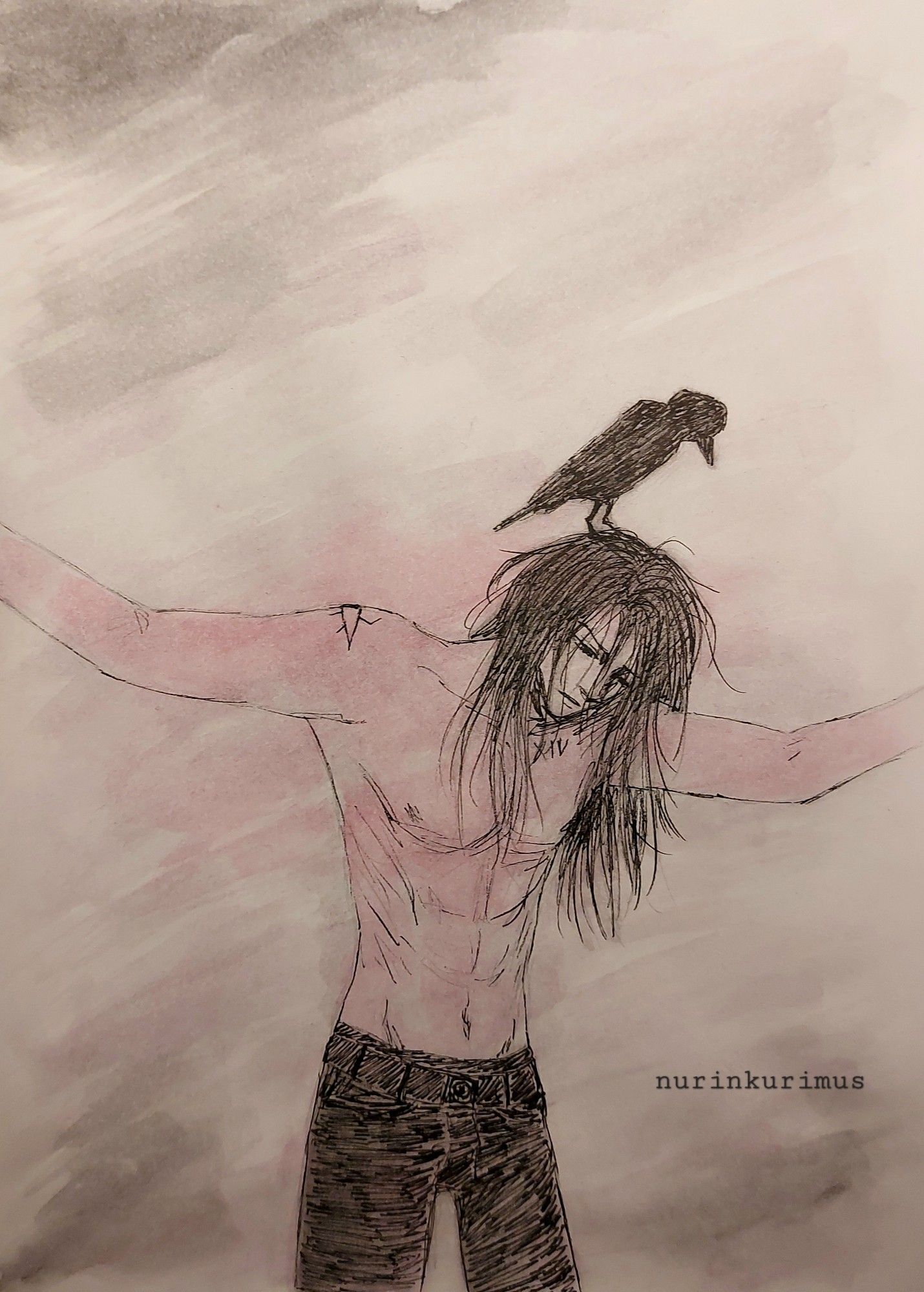 Watercolor painting of my character Corey standing with his arms spread out and looking defeated. There's a black bird standing on his head.