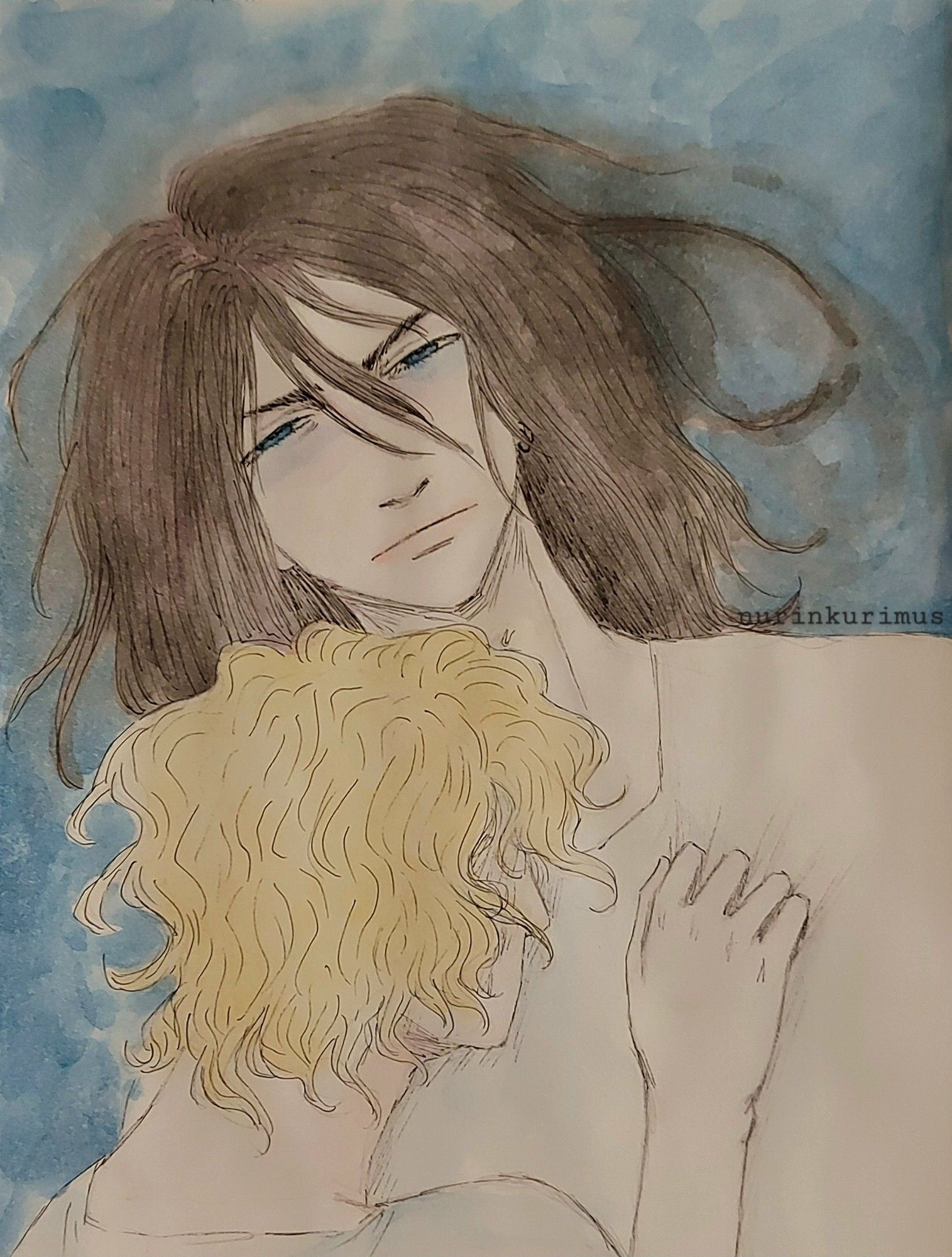 Watercolor painting of my characters Corey and Eliot. Corey is lying down and gazing ahead with a serious expression, Eliot is resting against his chest and grabbing his shirt.