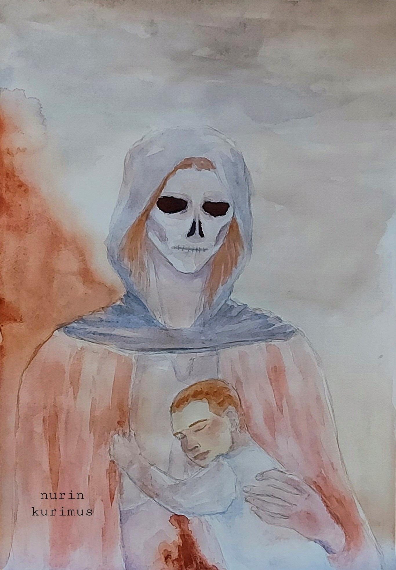 Watercolor painting of a mother and a child. She has a face of death with blood on her stomach. This was a vent piece.