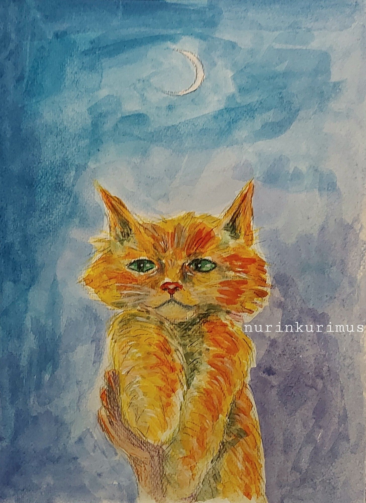 A hand holding up an orange cat with green eyes. There's a crescent moon in the background. The night sky is blue and purple. Gouache painting with colored pencil detailing.