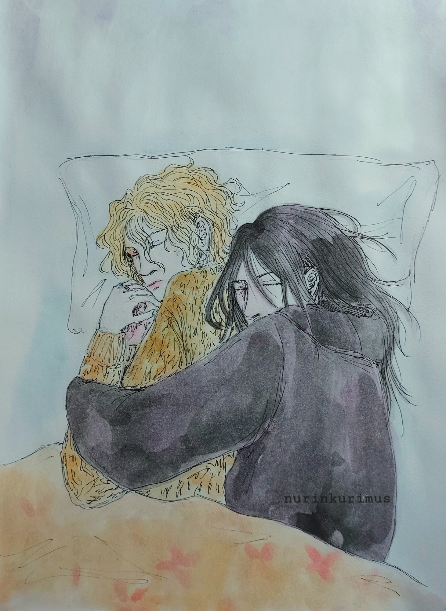 Watercolor painting of my characters Corey and Eliot napping together. Eliot is the little spoon and Corey is holding him.