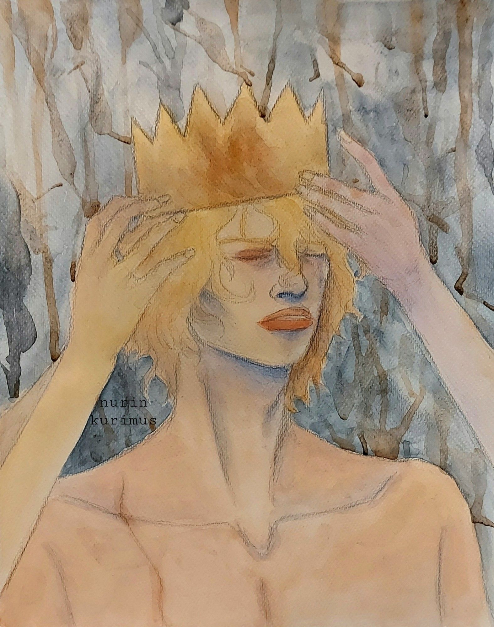 Watercolor painting of my character Eliot crying while getting crowned. It's a metaphorical piece because in the story he has been given a massive responsibility which he didn't choose.