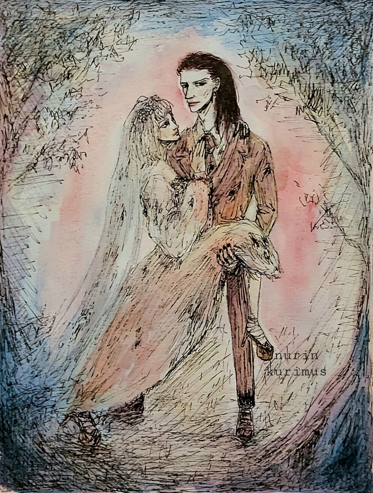 Watercolor painting of my characters Corey and Carita in wedding attire. I was inspired by Corpse Bride, that's why the aesthetic is spooky and rugged.