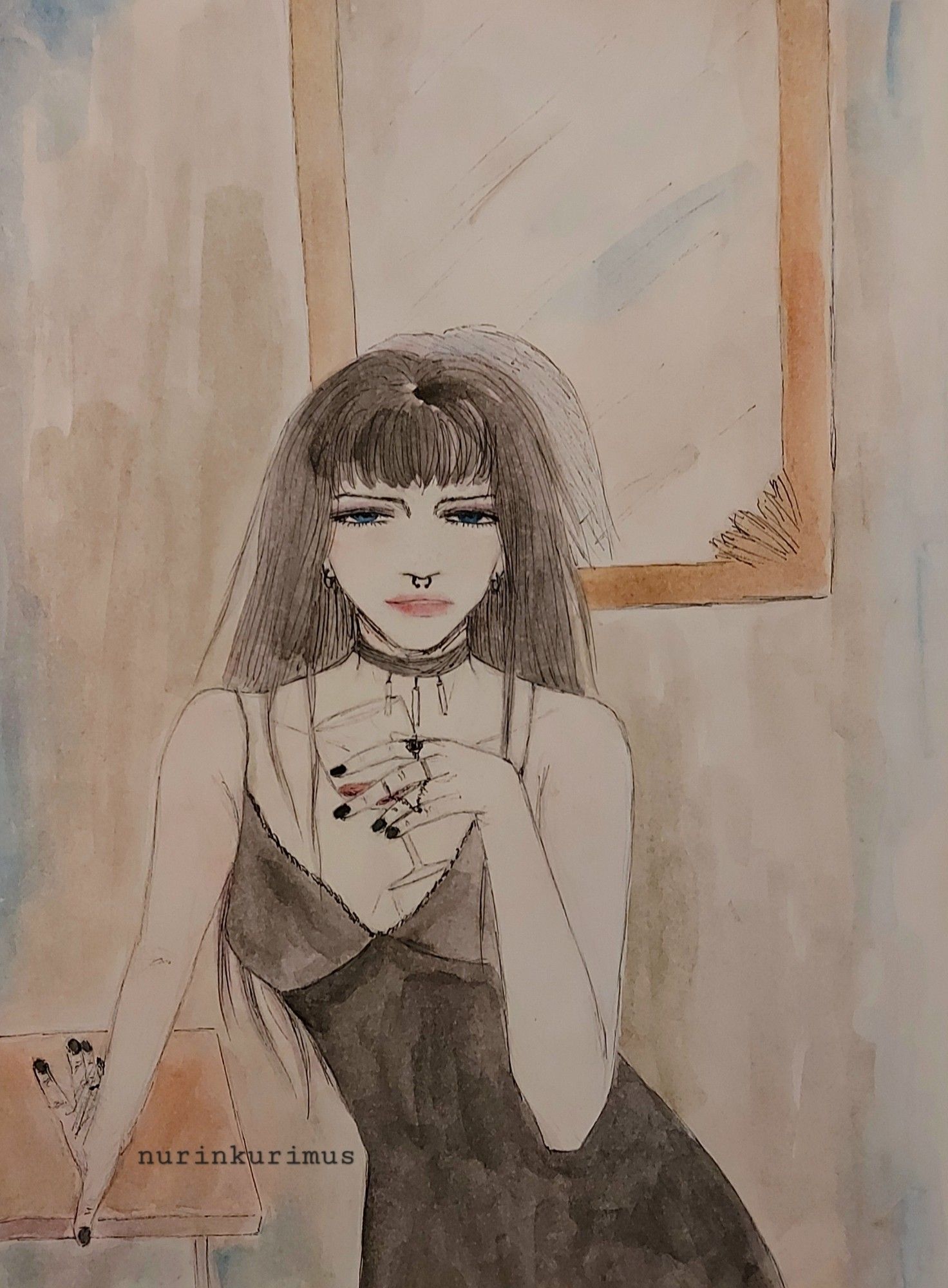 Watercolor painting of my oc, Eleonora, holding a glass of wine and staring right at the viewer, looking very judgey.