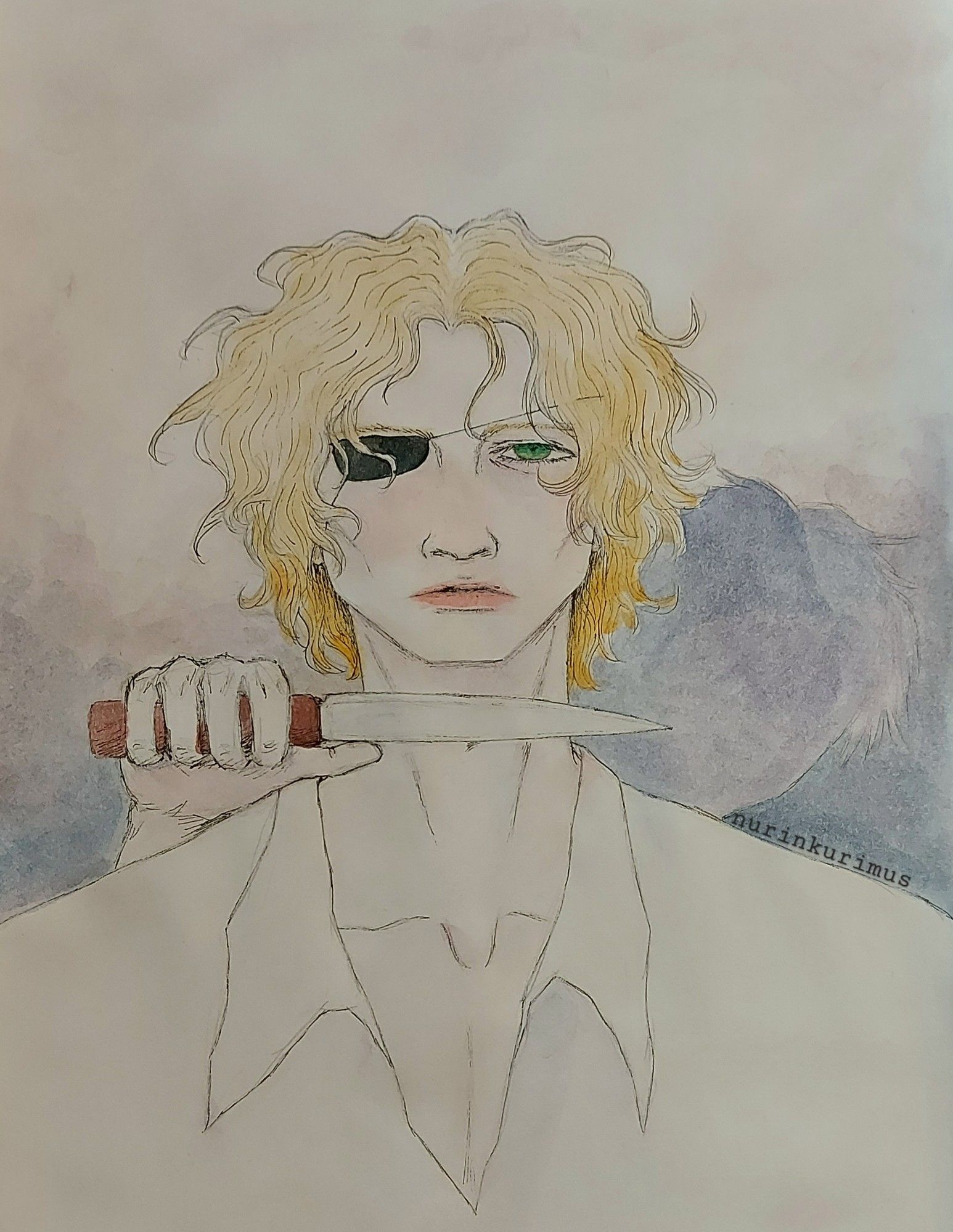 Watercolor painting of my character, Eliot. He's staring ahead with a blank expression. There's somebody behind him, holding a knife against his throat.