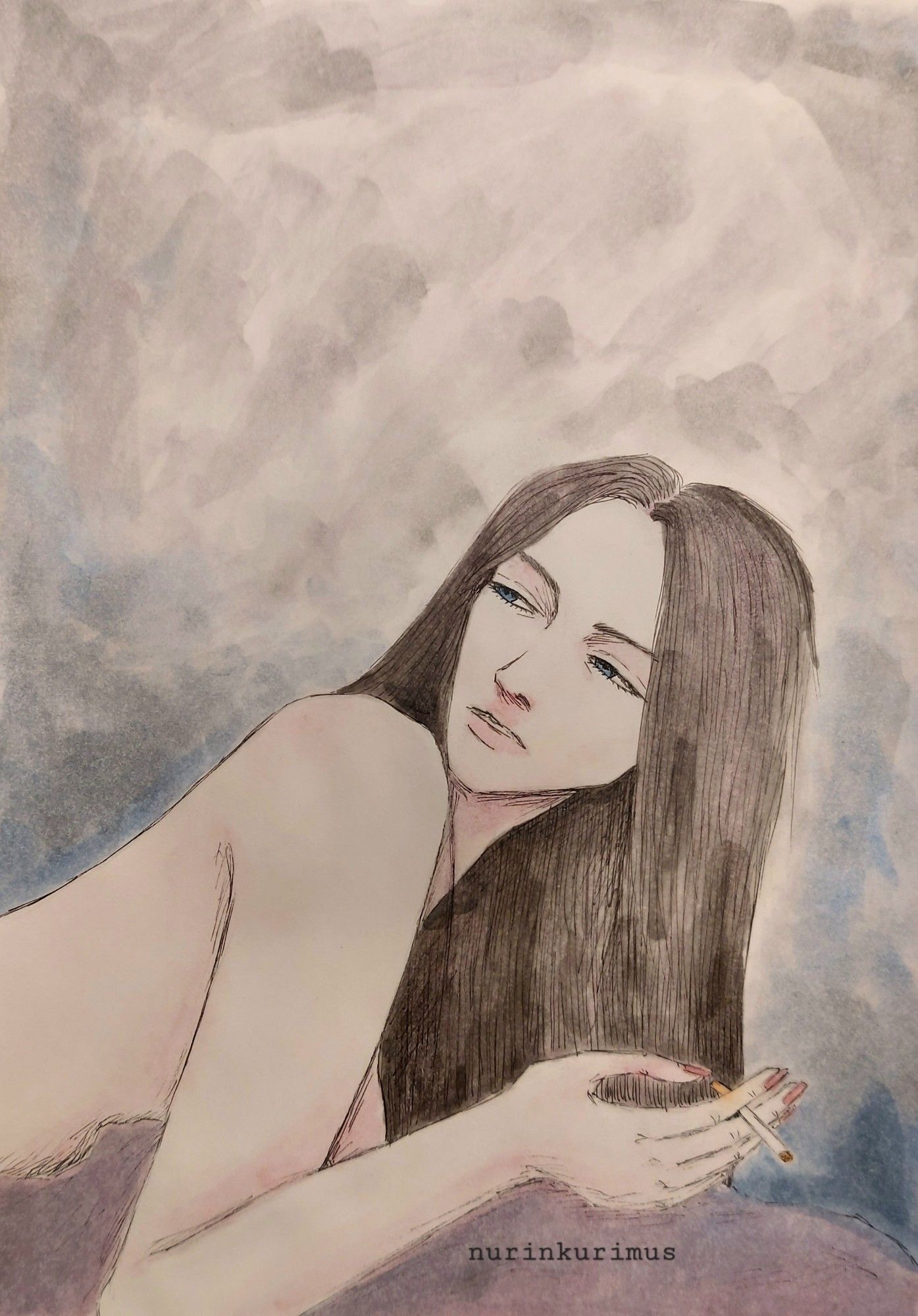 Watercolor painting of my character Dana lying nude on a bed. She's looking over her shoulder and holding a cigarette in her hand.