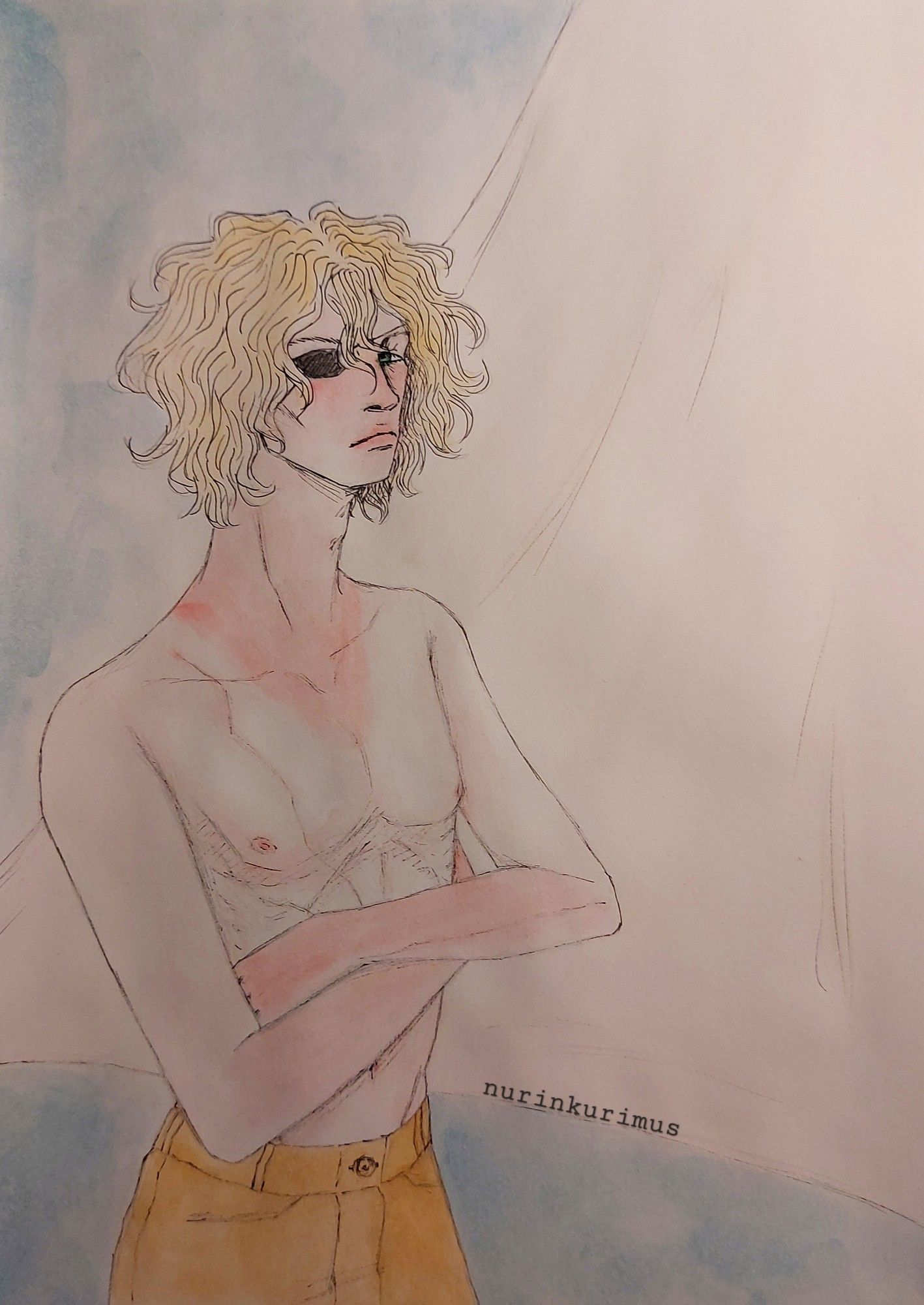 Watercolor painting of my character Eliot, sunburnt and pissed off. He has crossed his arms and is glaring at Corey (not pictured) because he laughed at his sunburn.