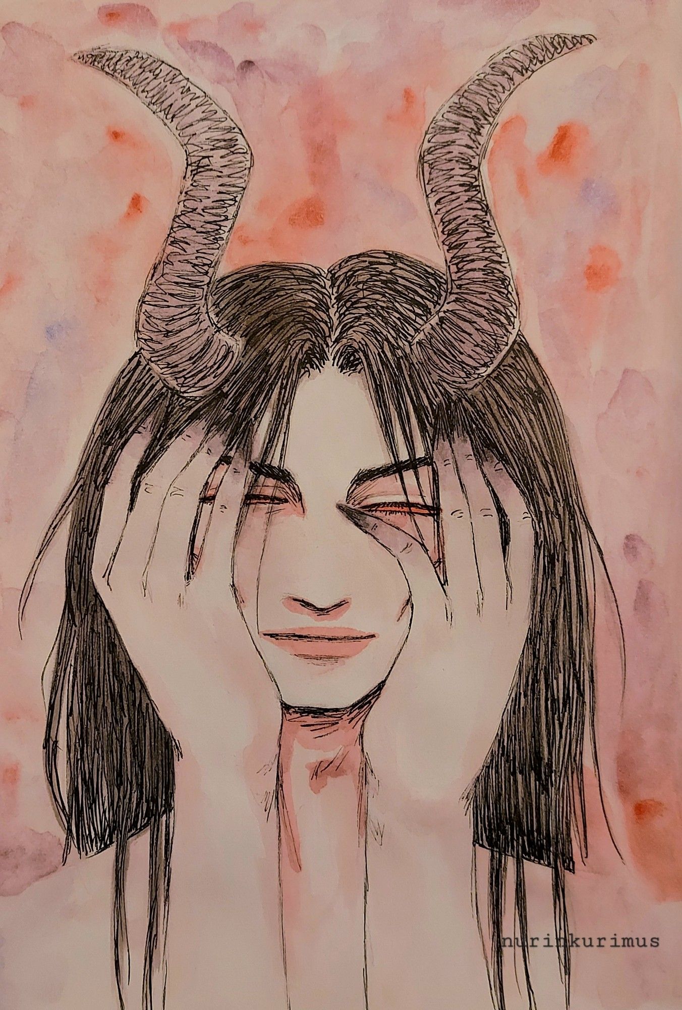 Portrait of a long haired character with horns, pink eyes and black fingertips, caressing their face with their hands.