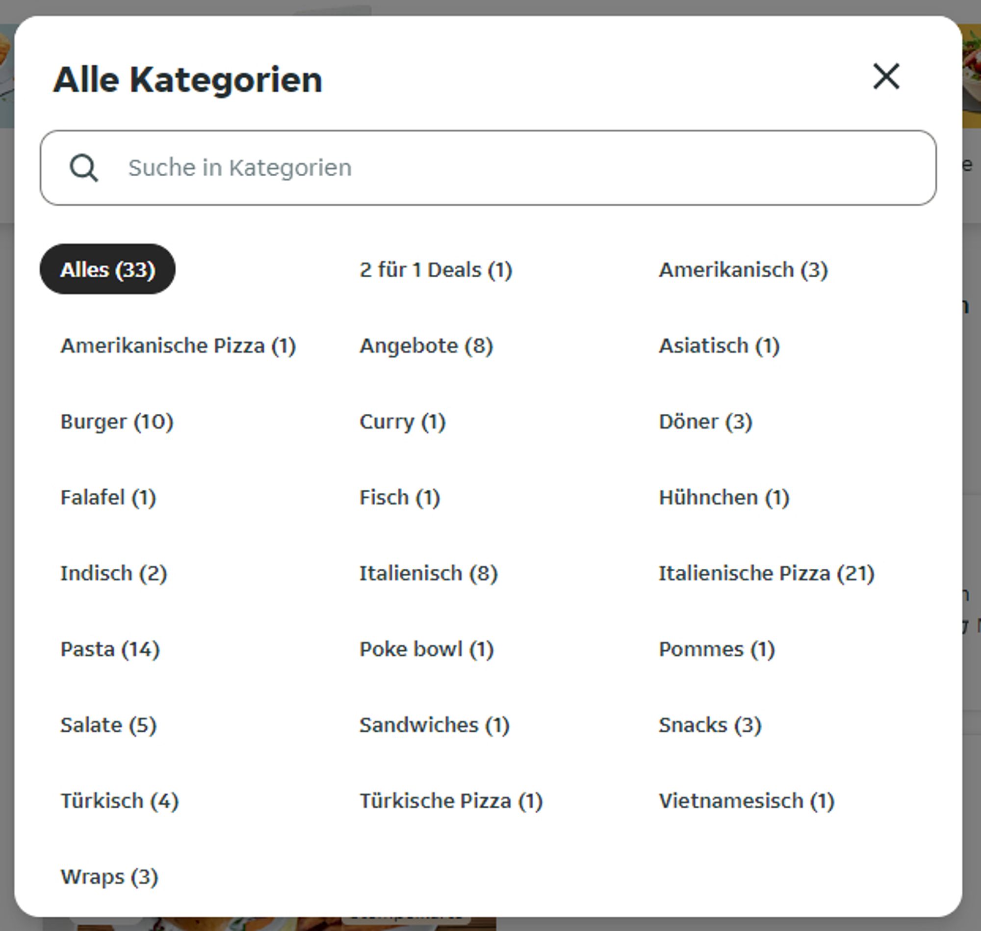 Liste von Essenslieferanten aber keine deutsche Speise.