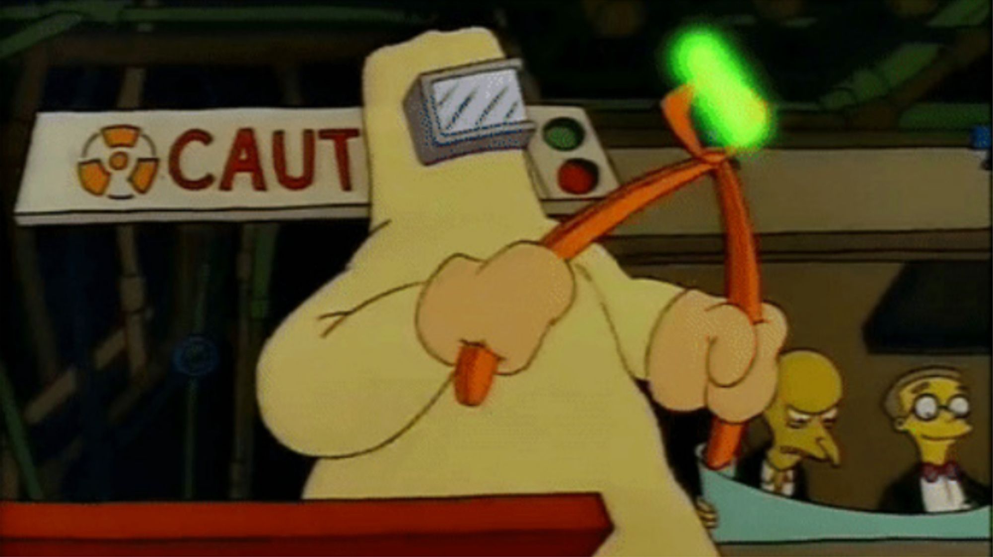 Screenshot -- from the animated series "The Simpsons" -- of a man in full-body yellow safety suit including heavy gloves holding metal tongs that hold a glowing green oblong, presumably a radioactive ingot -- to the side, Mr. Burns and Smithers can be seen looking at something unrolled, like a blueprint