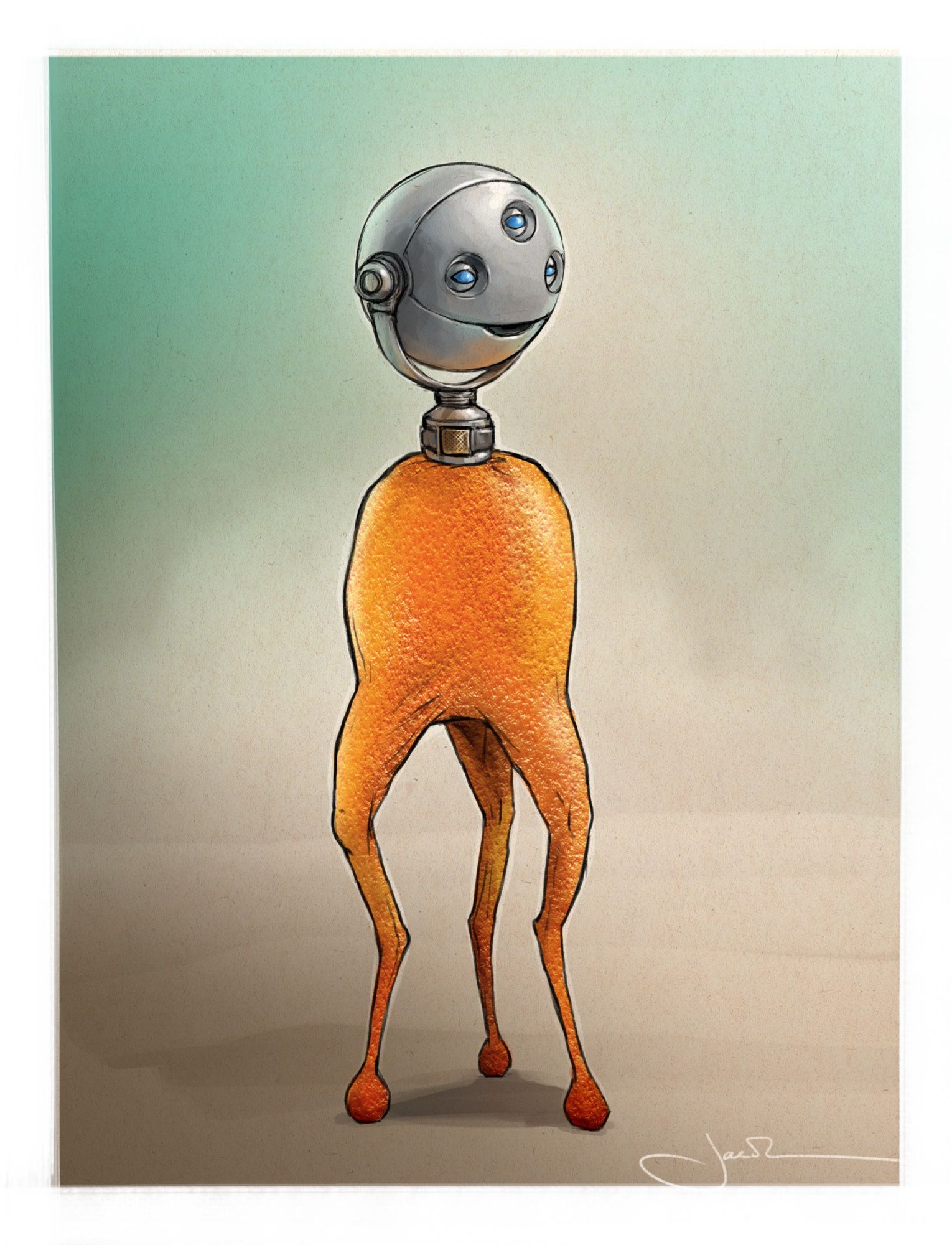 Alien machine robot. His skin is the color of a tangerine; he has three legs, and each of his feet is an inflatable sphere. He has no arms and three blue eyes, with a spherical metal head that hangs on gimbals. Around his neck is a metal band sealed containing a message he is carrying.