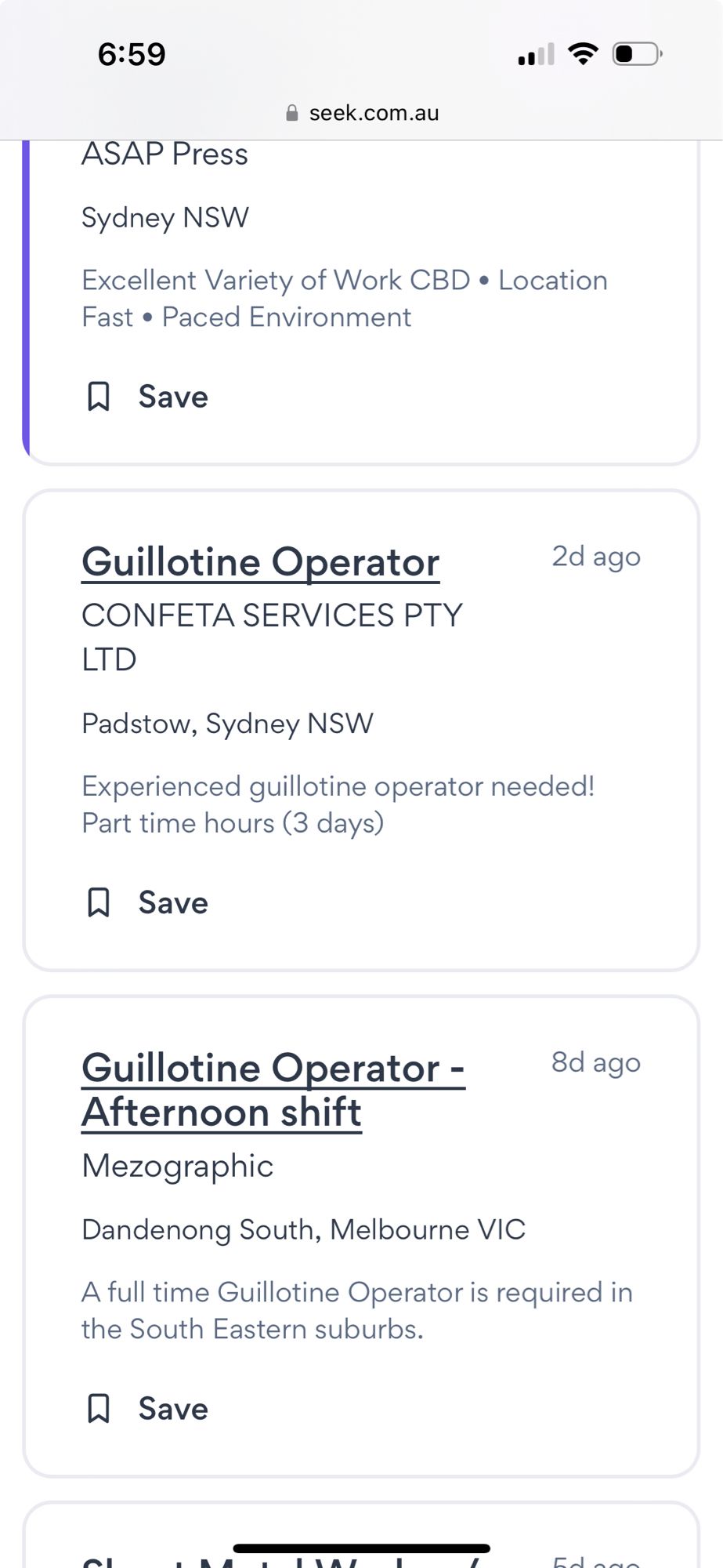 Job adverts on seek.com for part time “guillotine operators” in Australia.