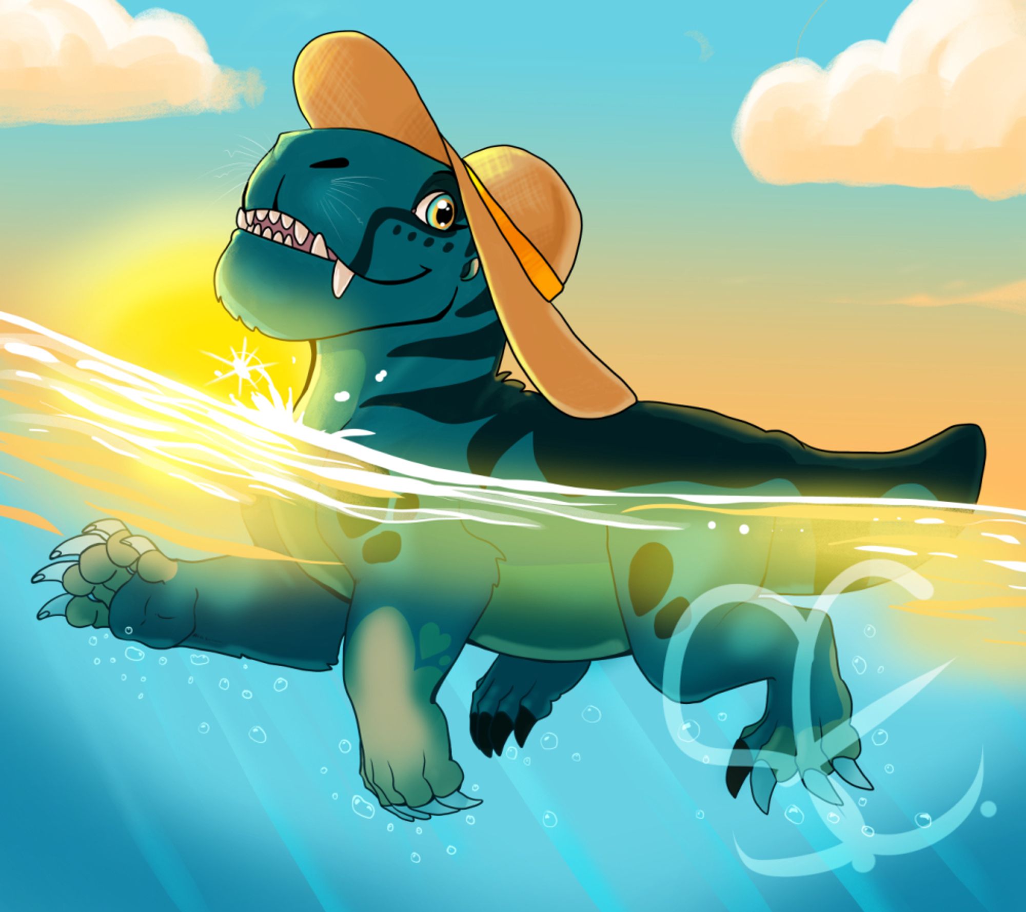 A pretty gorgonopsid takes a summer swim wearing a nice big sunhat! The water reflects the sunlight brightly, and she's making quite a splash!