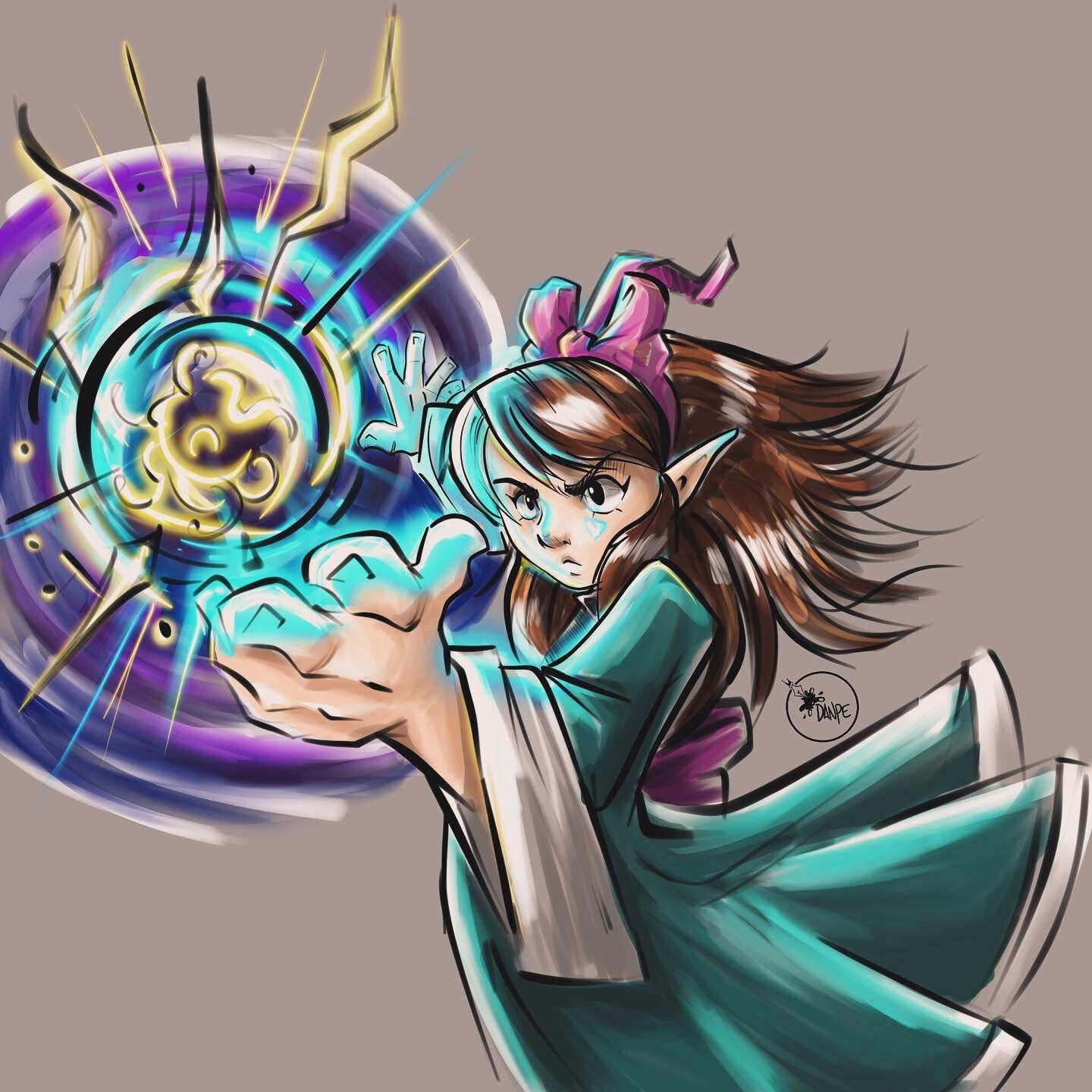 A drawing of a girl in a teal dress, posing with her hand casting a spell