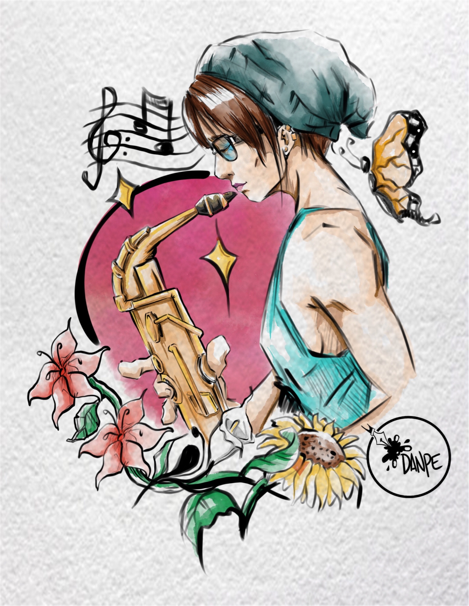 Watercolor painting of a girl with a beanie playing a saxophone, some flowers below her