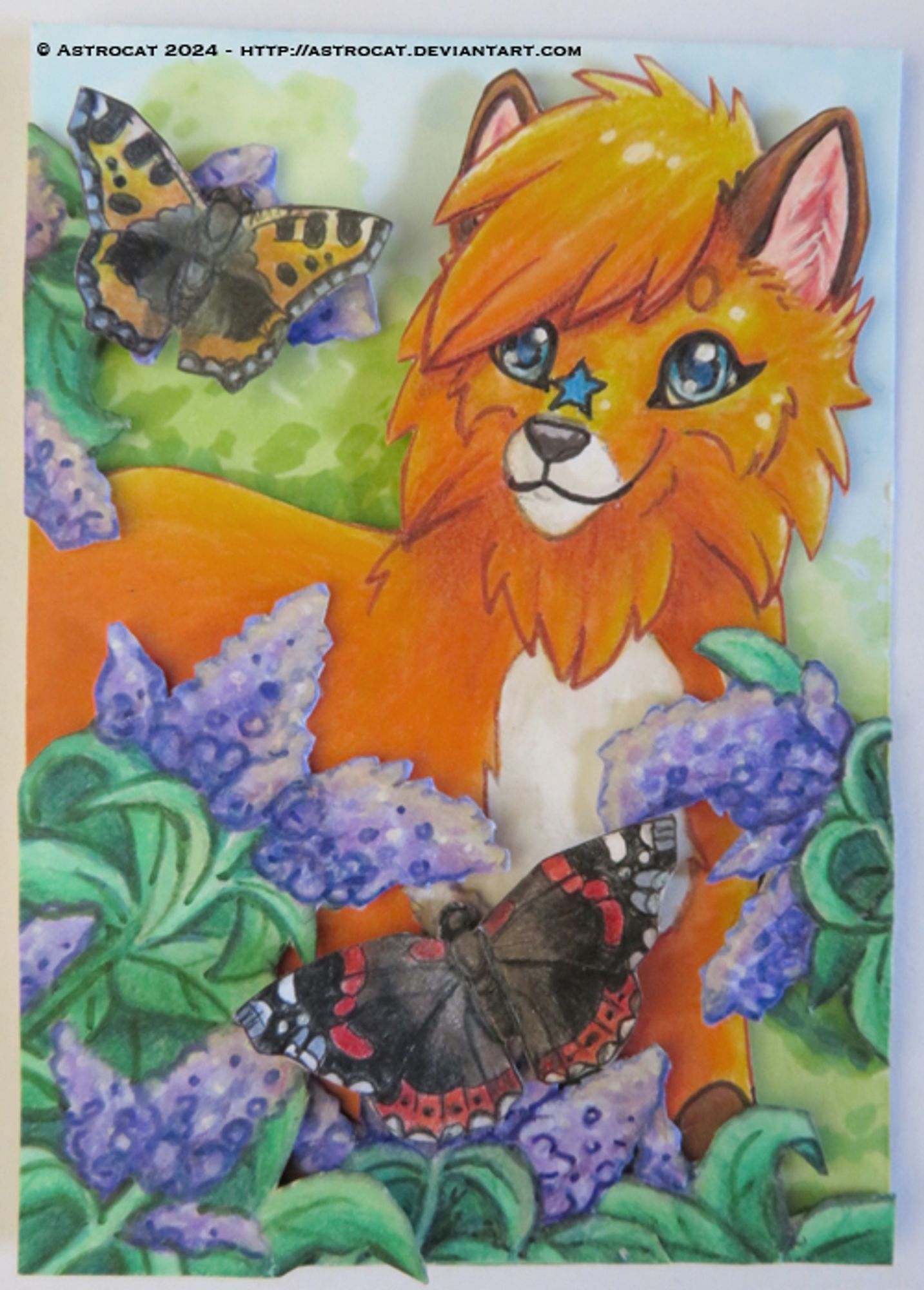 Picture shows an ACEO card done with tradition media. There is an orange coloured fox looking at lilac buddleia flowers. On the flowers are two butterflies, a Small Tortoiseshell and a Red Admiral.