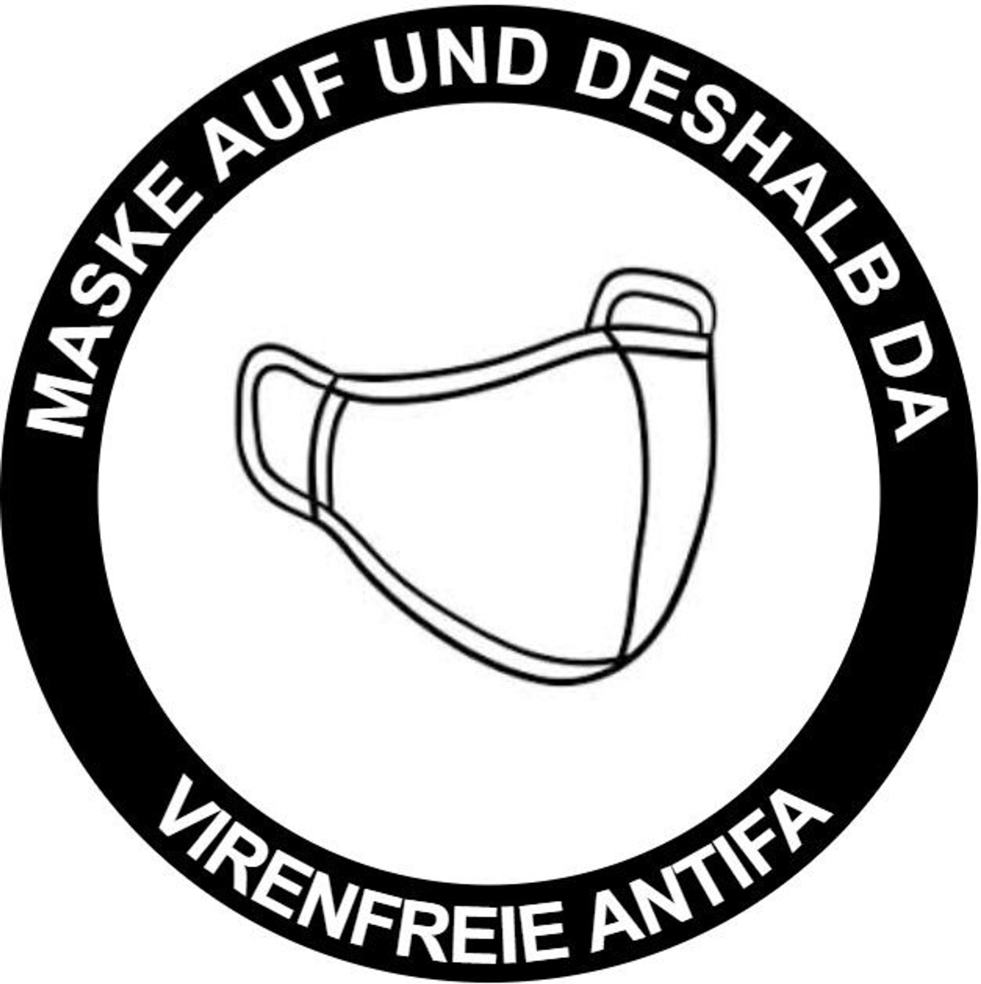 Sticker mit der Aufschrift "Maske auf und deshalb da - Virenfreie Antifa" und dem Bild einer FFP-Maske