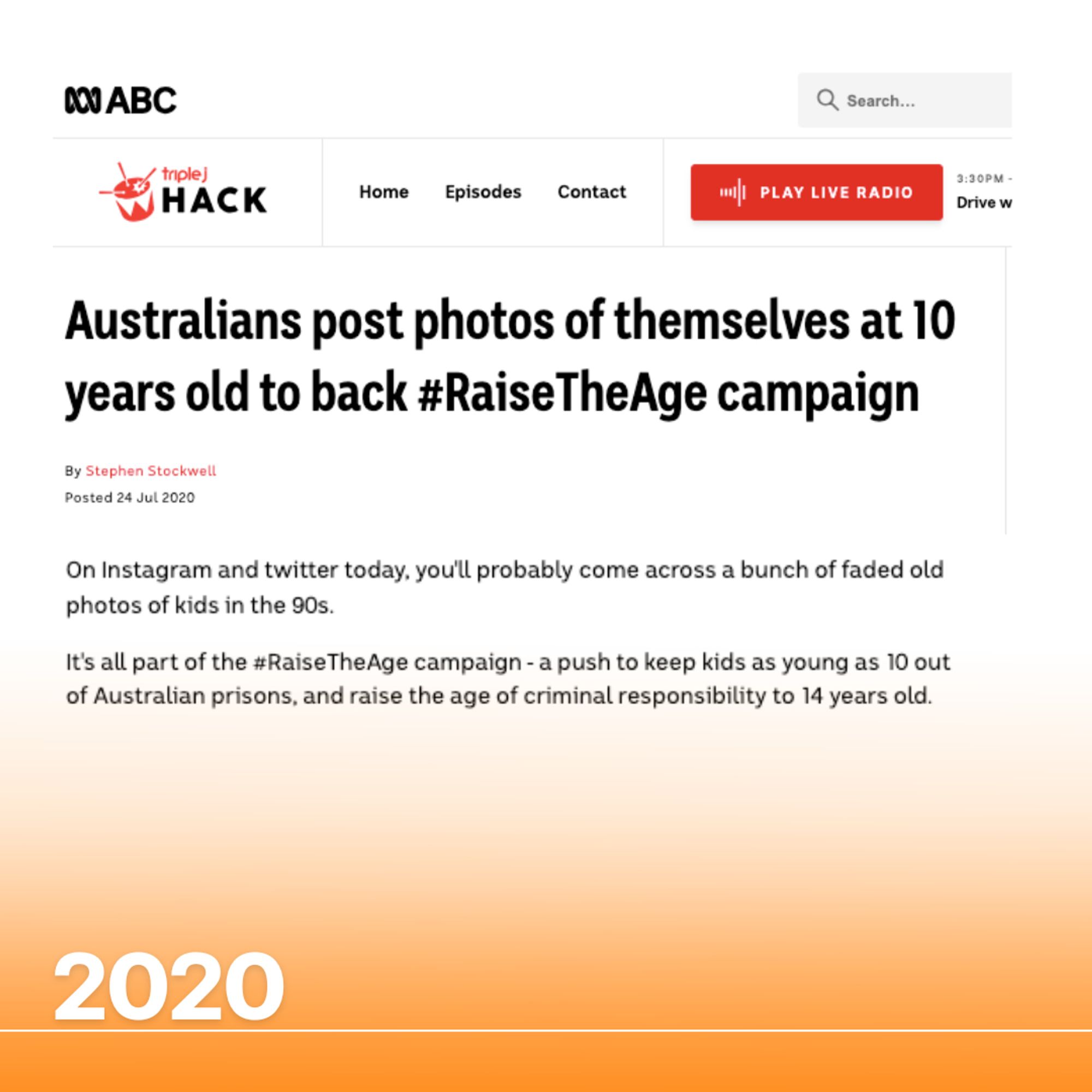 A tile showing a screenshot of an ABC article from 2020, headlined "Australian post photos of themselves at 10 years old to back #RaiseTheAge campaign". A snippet from the article is shown, reading "On Instagram and twitter today, you'll probably come across a bunch of faded old photos of kids in the 90s. It's all part of the #RaiseTheAge campaign - a push to keep kids as young as 10 out of Australian prisons, and raise the age of criminal responsibility to 14 years old."