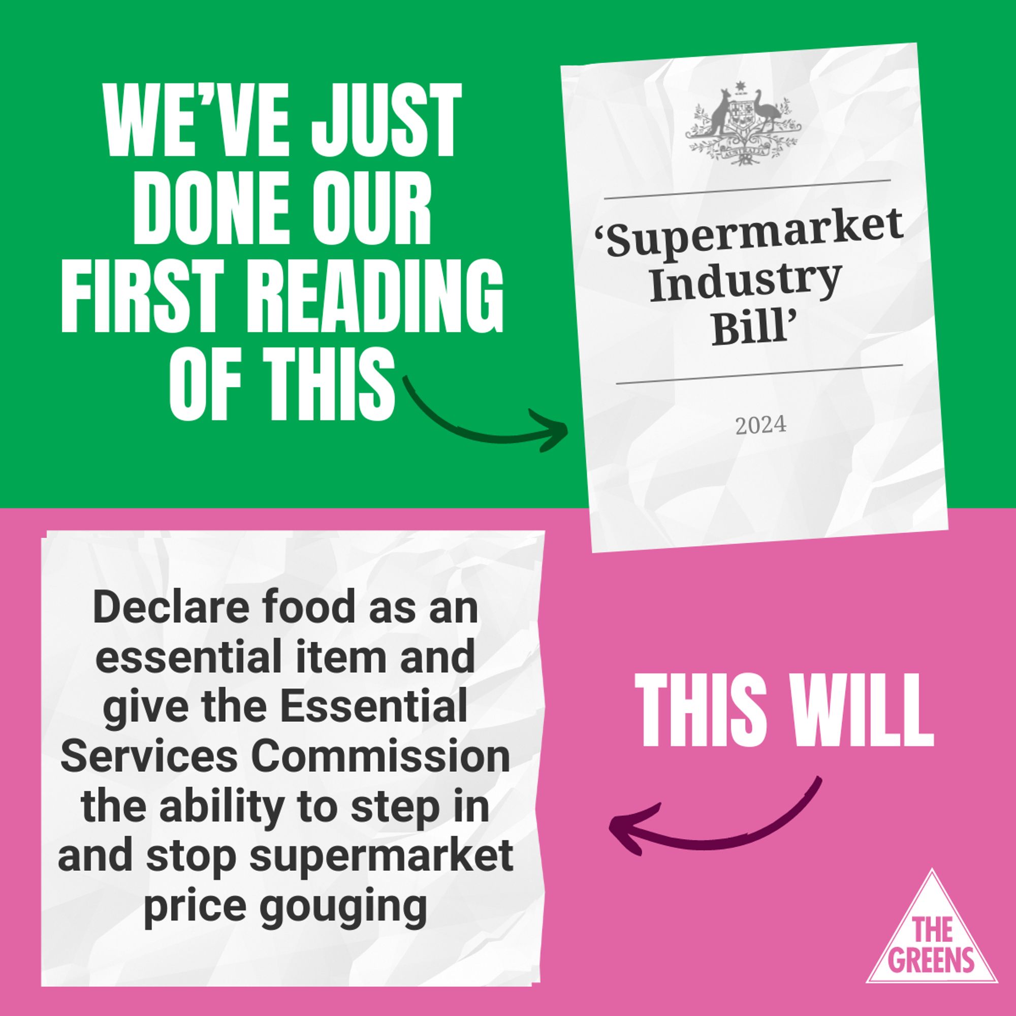 "We've just done our first reading of this" with an arrow pointing towards a piece of paper reading "Supermarket Industry Bill 2024". 
"This will" with an arrow pointing to a piece of paper reading "Declare food as an essential item and give the Essential Services Commission the ability to step in and stop supermarket price gouging."