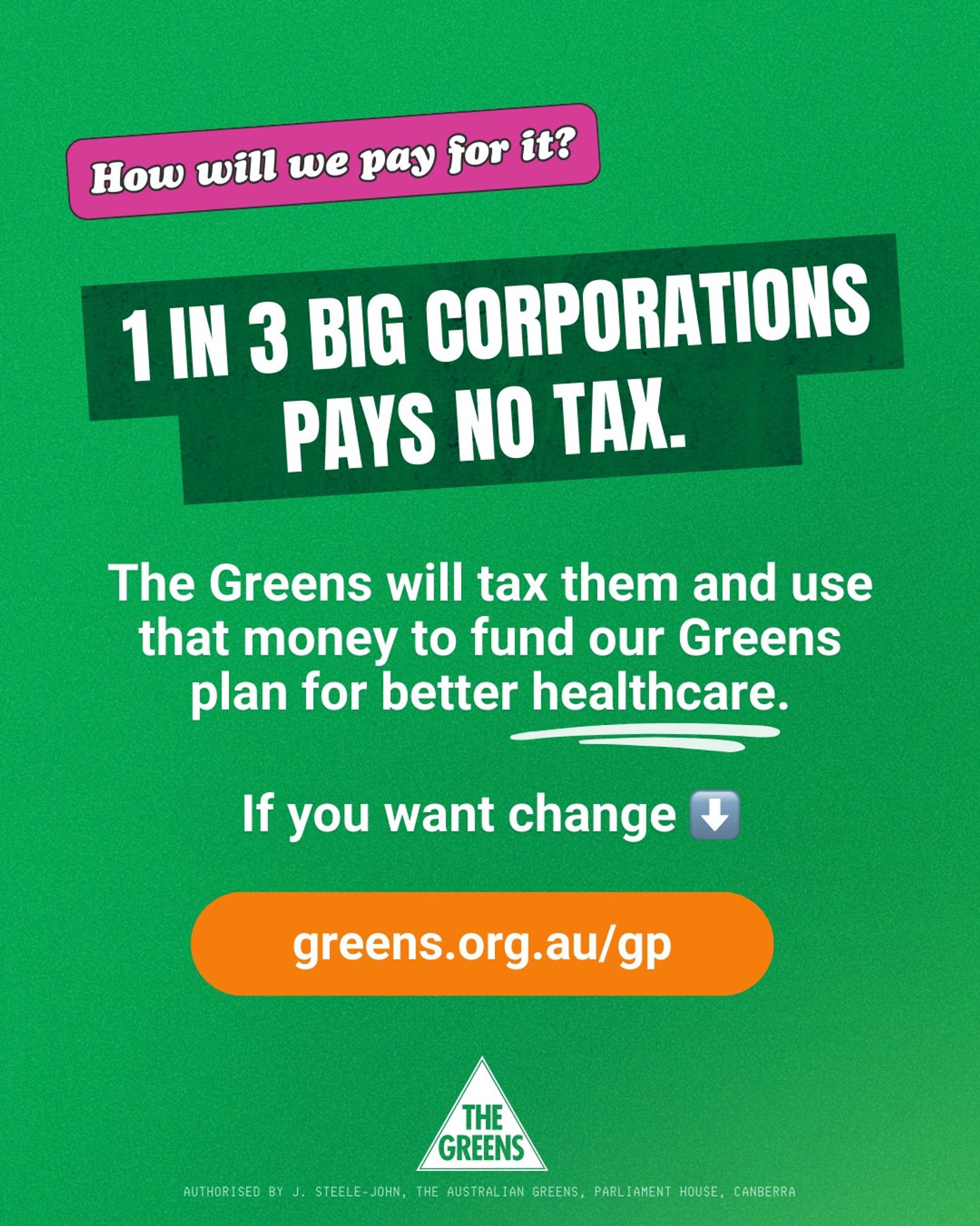 Green background. Greens logo on bottom edge. White text with black outline in pink text box in top left corner reads, ‘How will we pay for it?’ Bold white heading text text with dark green highlight below reads, ‘1 in 3 big corporations pays no tax.’ Plain white body text below reads, ‘The Greens will tax them and use that money to fund our Greens plan for better healthcare. If you want change [arrowing pointing down emoji]. White text in orange button below contains weblink greens.org.au/gp