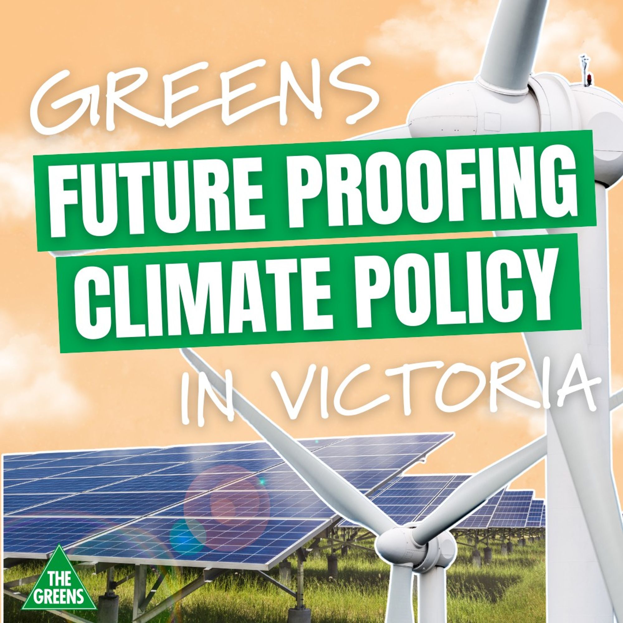 A tile with decorative images of wind turbines and solar panels, with text reading "Greens Future Proofing Climate Policy in Victoria"