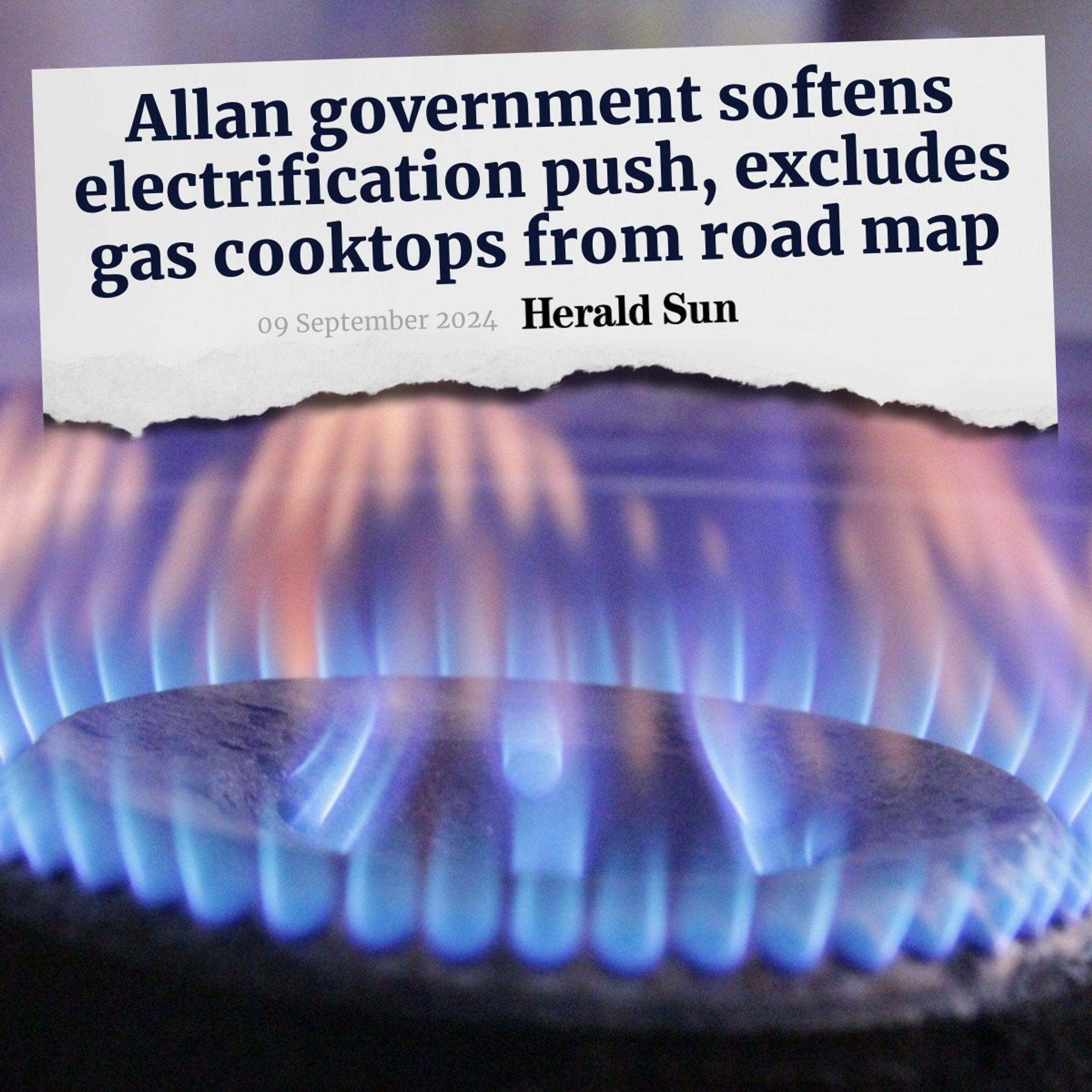 A Herald Sun headline from 09 September 2024, reading "Allan government softens electrification push, excludes gas cooktops from road map." 
The background image shows the blue and orange flames and associated haze from a gas cooktop