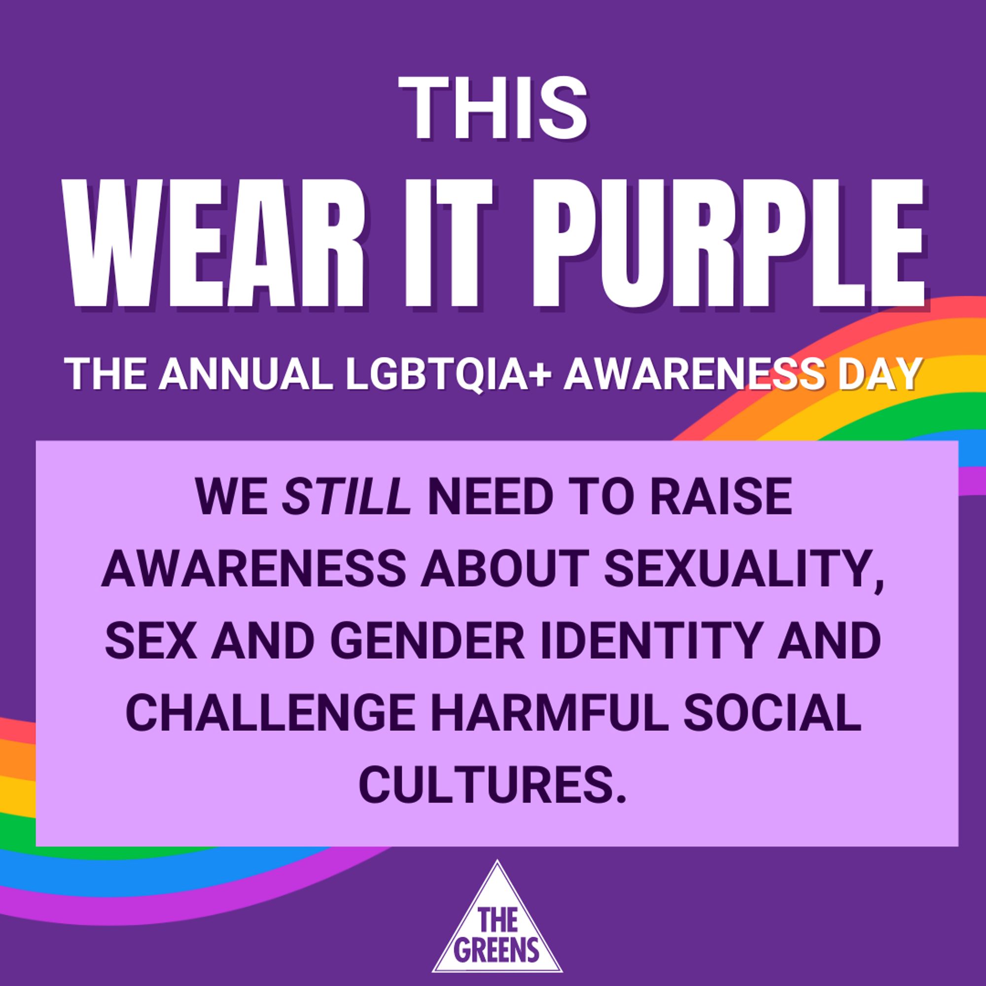 Text reading "This Wear It Purple, the annual LGBTQIA+ awareness day, we still need to raise awareness about sexuality, sex and gender identity and challenge harmful social cultures." Background is purple with a rainbow flowing through from left to right.