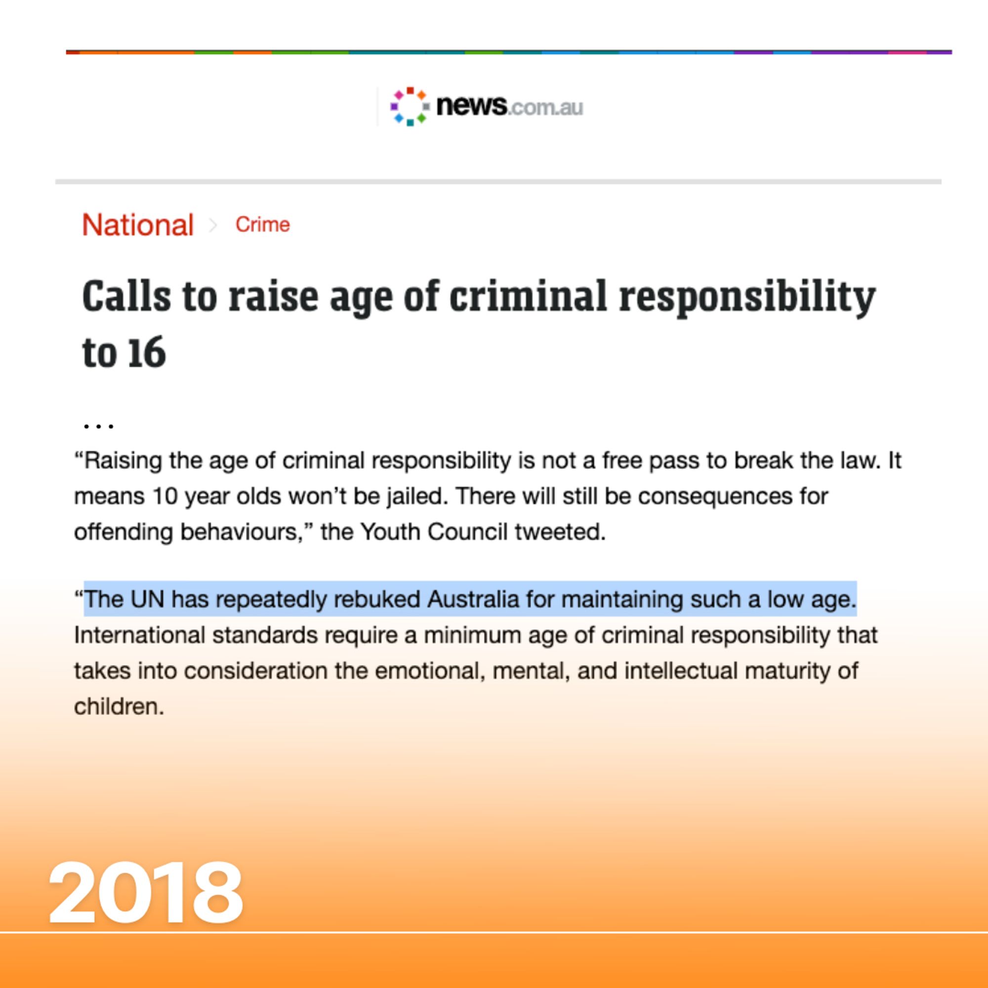 A tile showing a screenshot of a news.com.au article from 2018, headlined "Calls to raise age of criminal responsibility to 16". A snippet from the article is shown, with "The UN has repeatedly rebuked Australia for maintaining such a low age" highlighted.