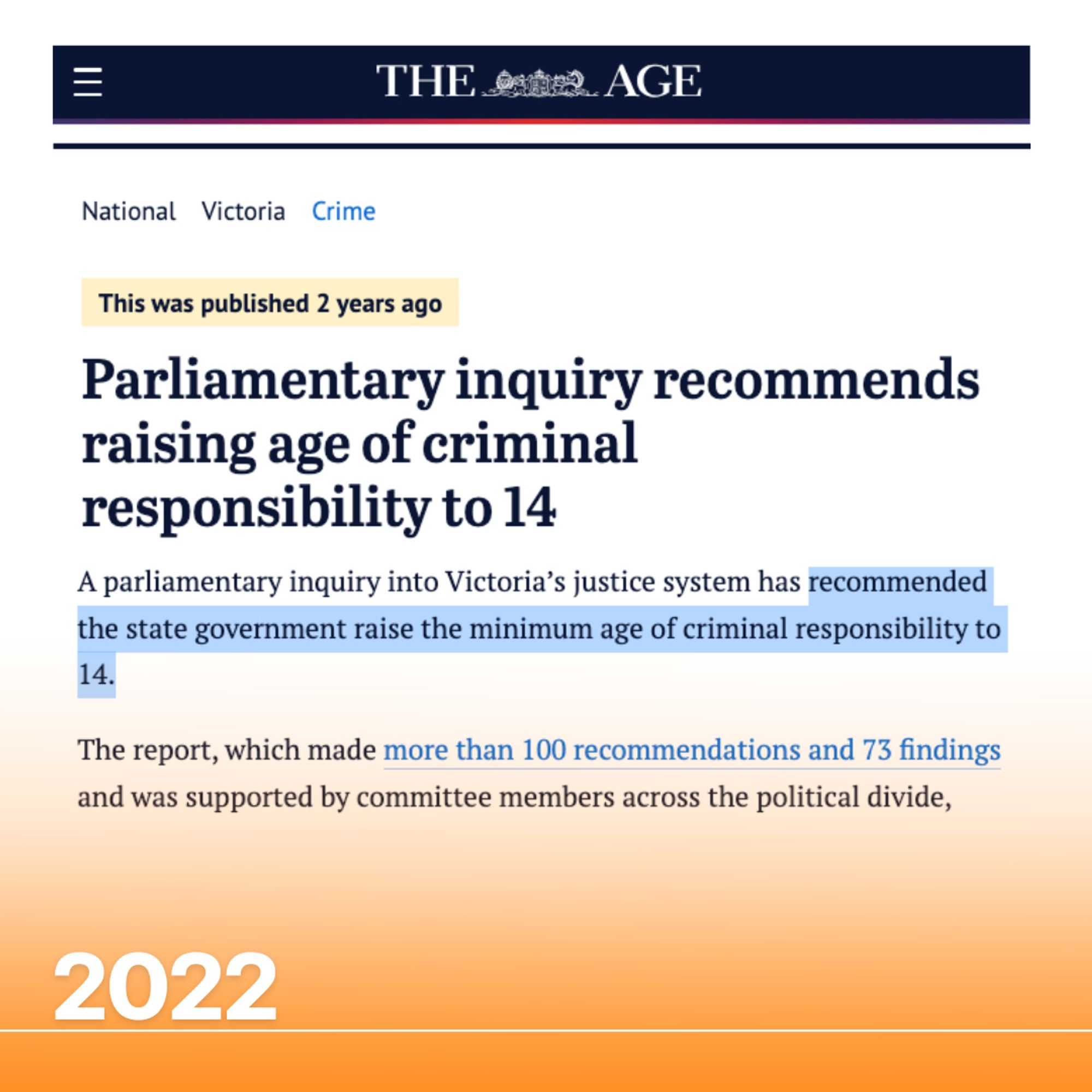 A tile showing a screenshot of an Age article from 2022, headlined "Parliamentary inquiry recommends raising age of criminal responsibility to 14". A snippet from the article is shown, essentially providing the same information as the headline.